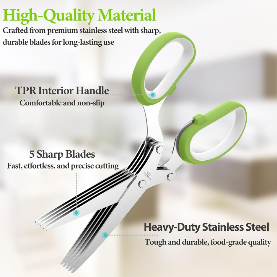 Stainless Steel Multi-Blade Herb Scissors for Kitchen Prep - Green