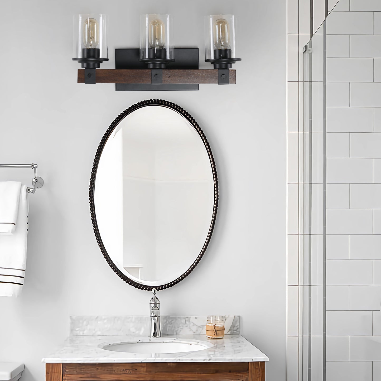 Rustic 3-Light Vanity Light Fixture with Glass Shades and Wood Accent