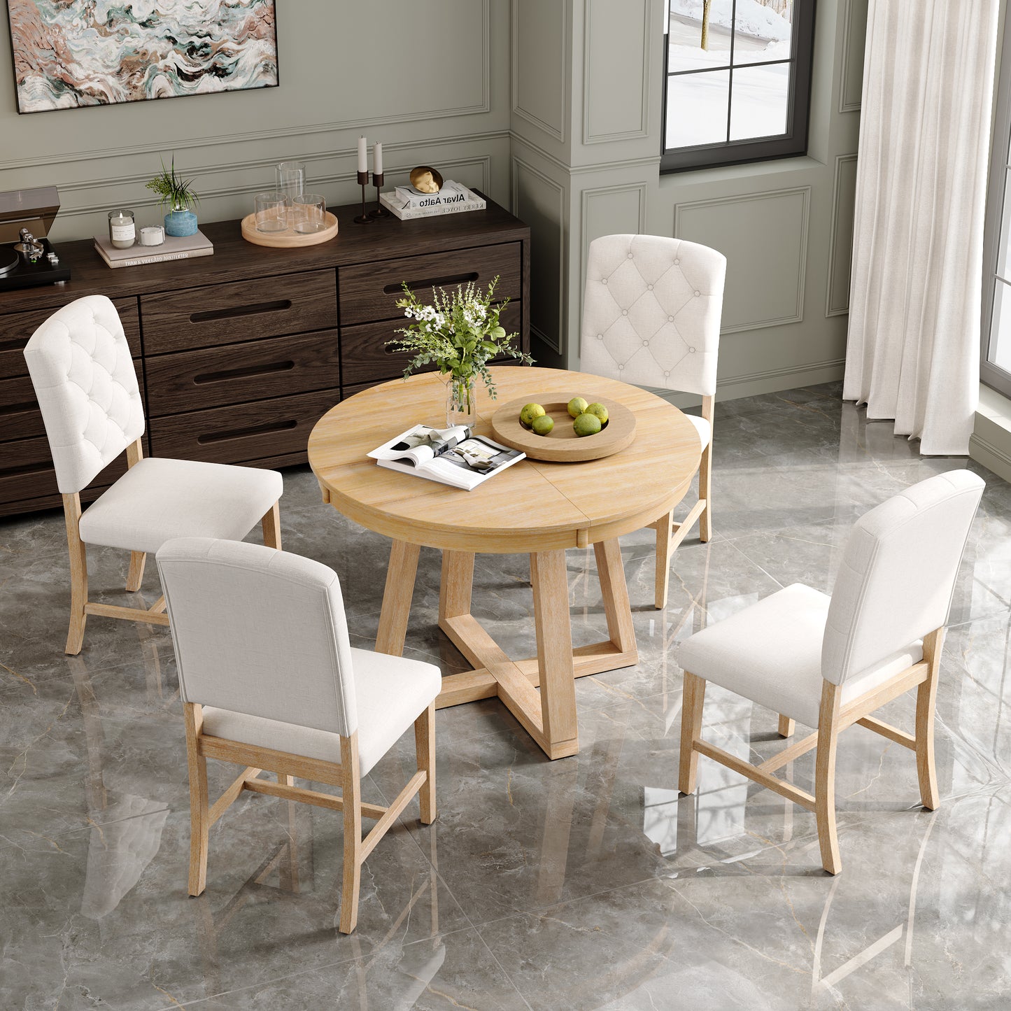 5-Piece Retro Dining Set with Round Table & 4 Upholstered Chairs - Natural