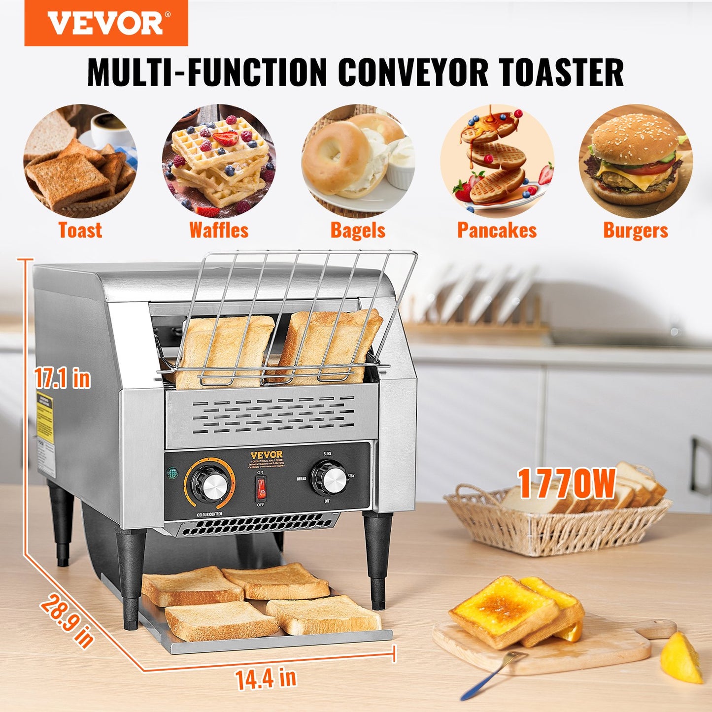 Commercial Conveyor Toaster 300 Slices/Hour Stainless Steel Restaurant Toaster