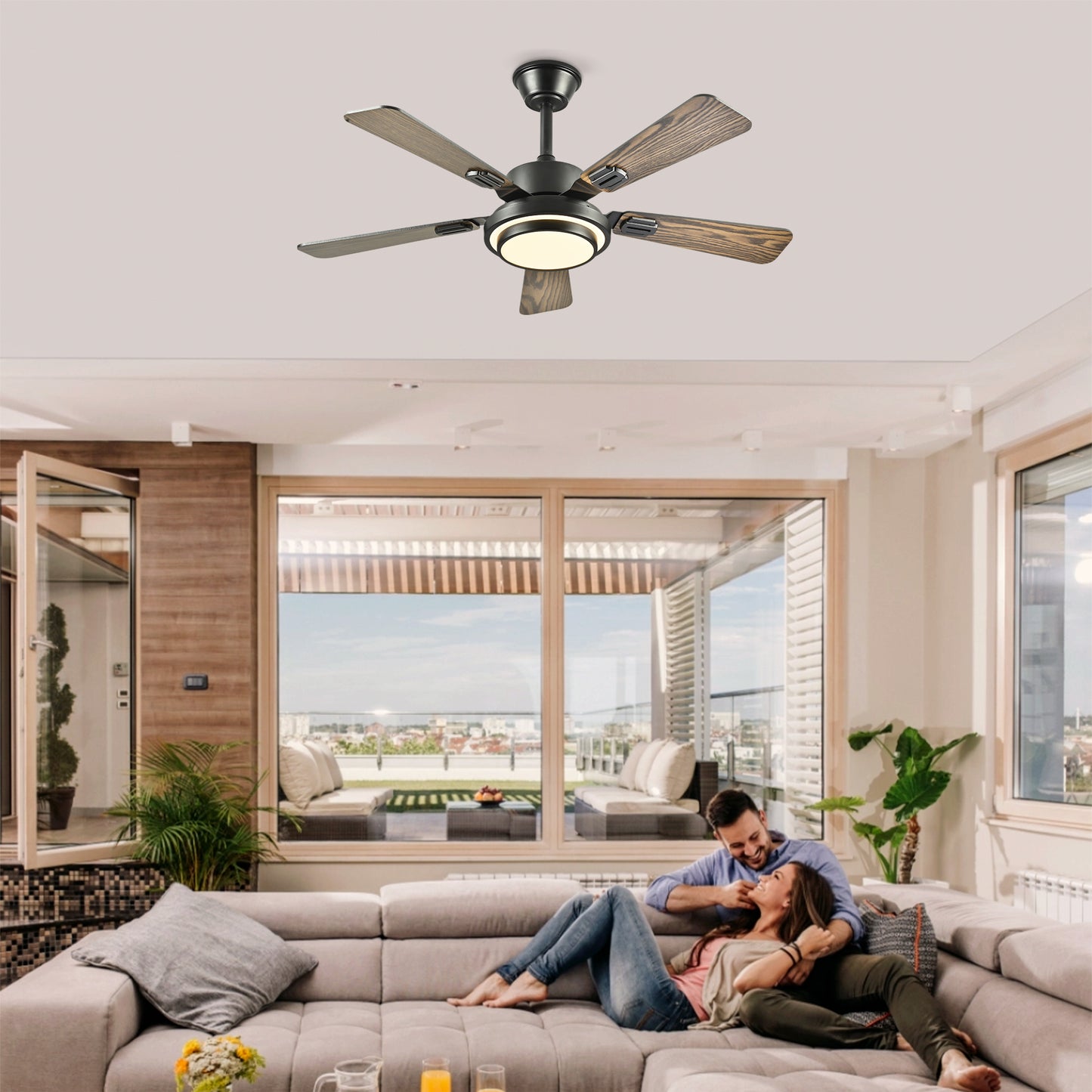 42" Matte Black Ceiling Fan with LED Light & Remote Control - Dimmable, Quiet DC Motor