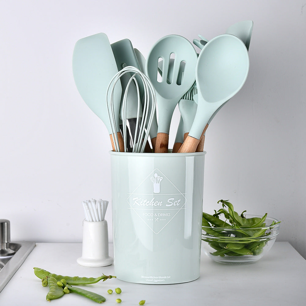 Silicone Kitchen Utensil Set with Wooden Handles - 12pcs Heat-Resistant Cooking Tools