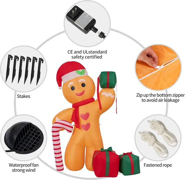8FT Inflatable Gingerbread Man with Candy Cane and Gift Boxes