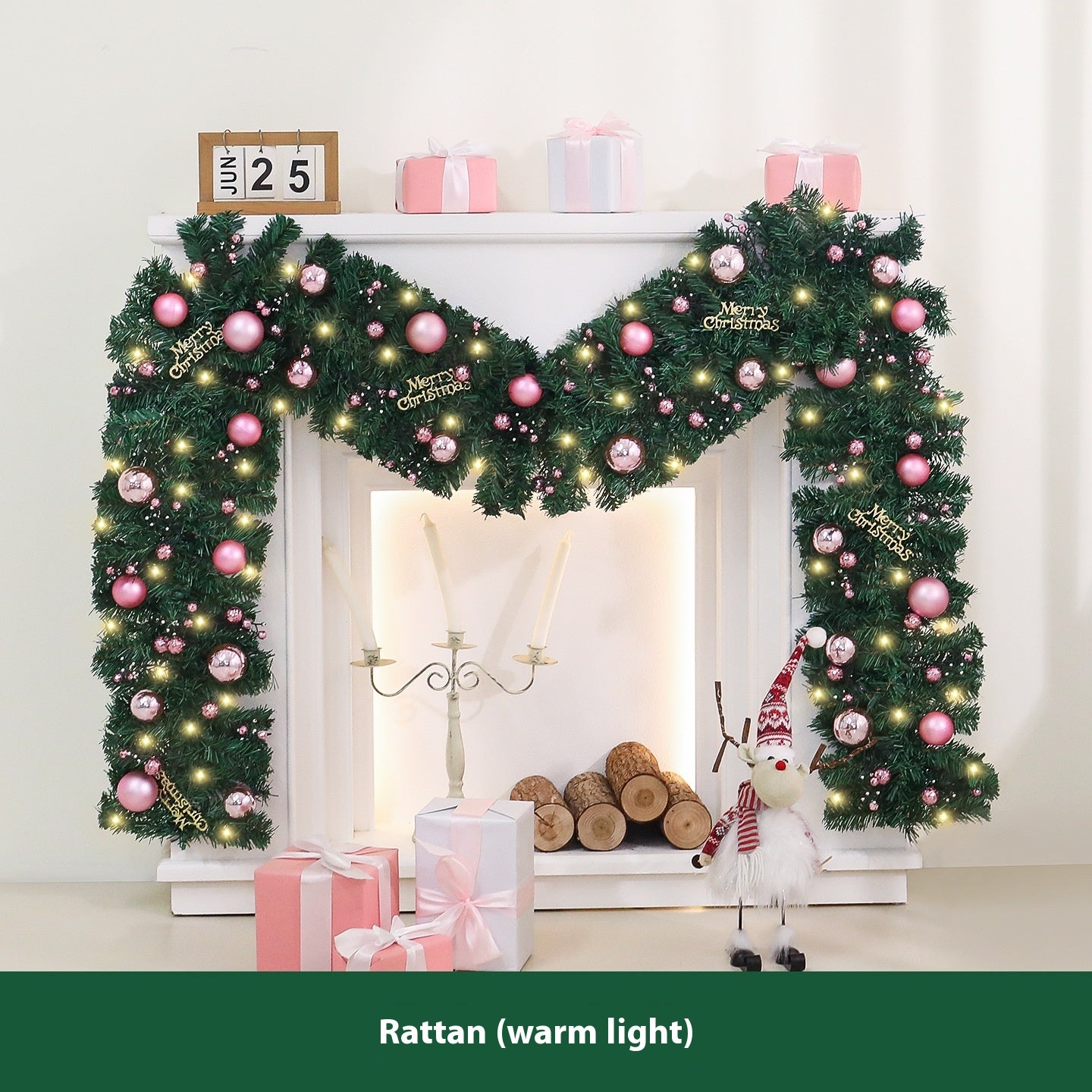 Christmas Rattan Decoration 2.7m with Lights and Wreaths for Festive Home Decor