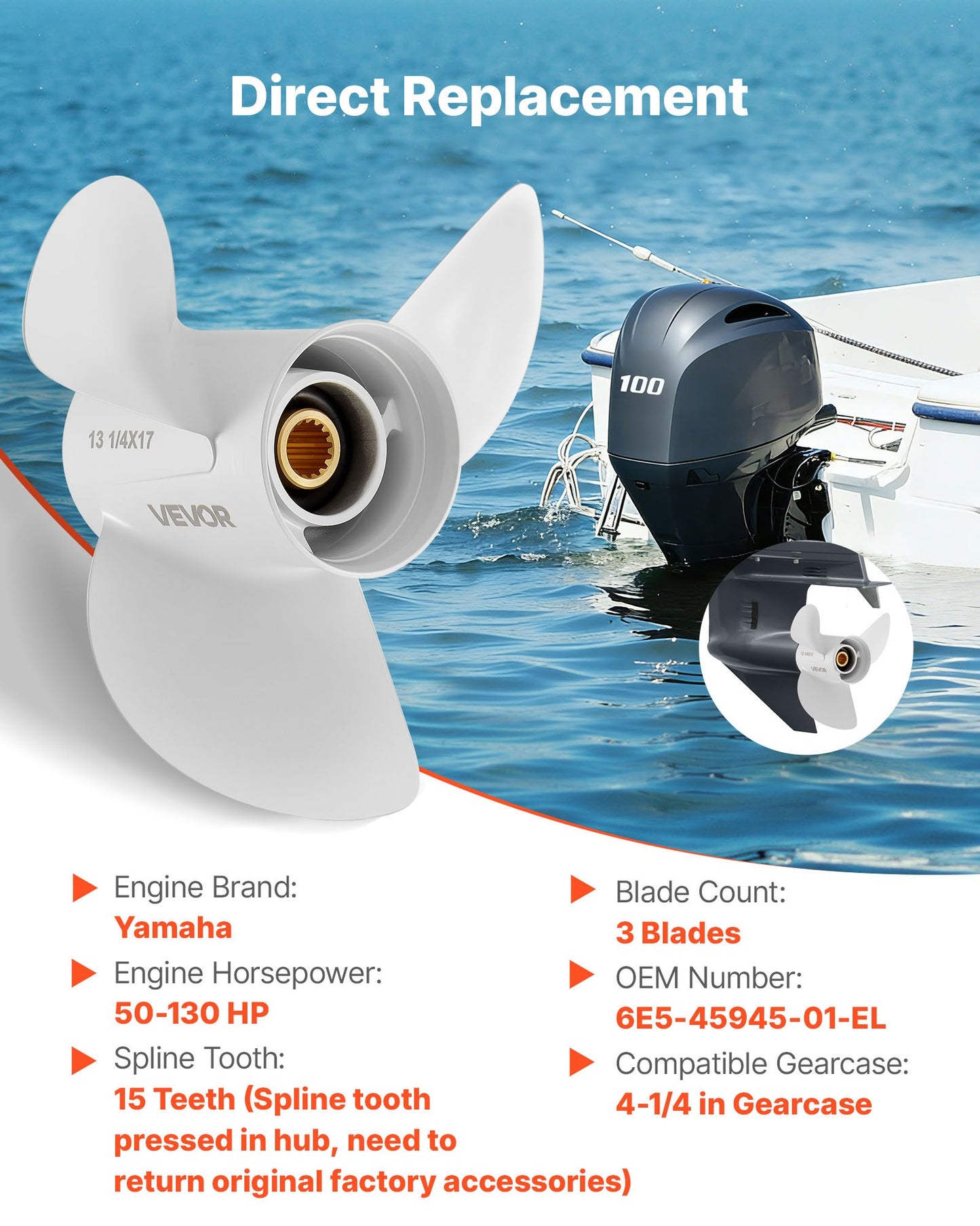 Aluminum Outboard Propeller for Yamaha 50-130 HP, 3-Blade, RH Rotation, Black