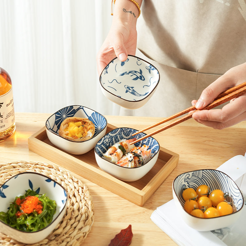 Porcelain Dipping Sauce Dish Set with Cherry Blossom Design - Small Square Plate for Kitchen & Restaurant Use