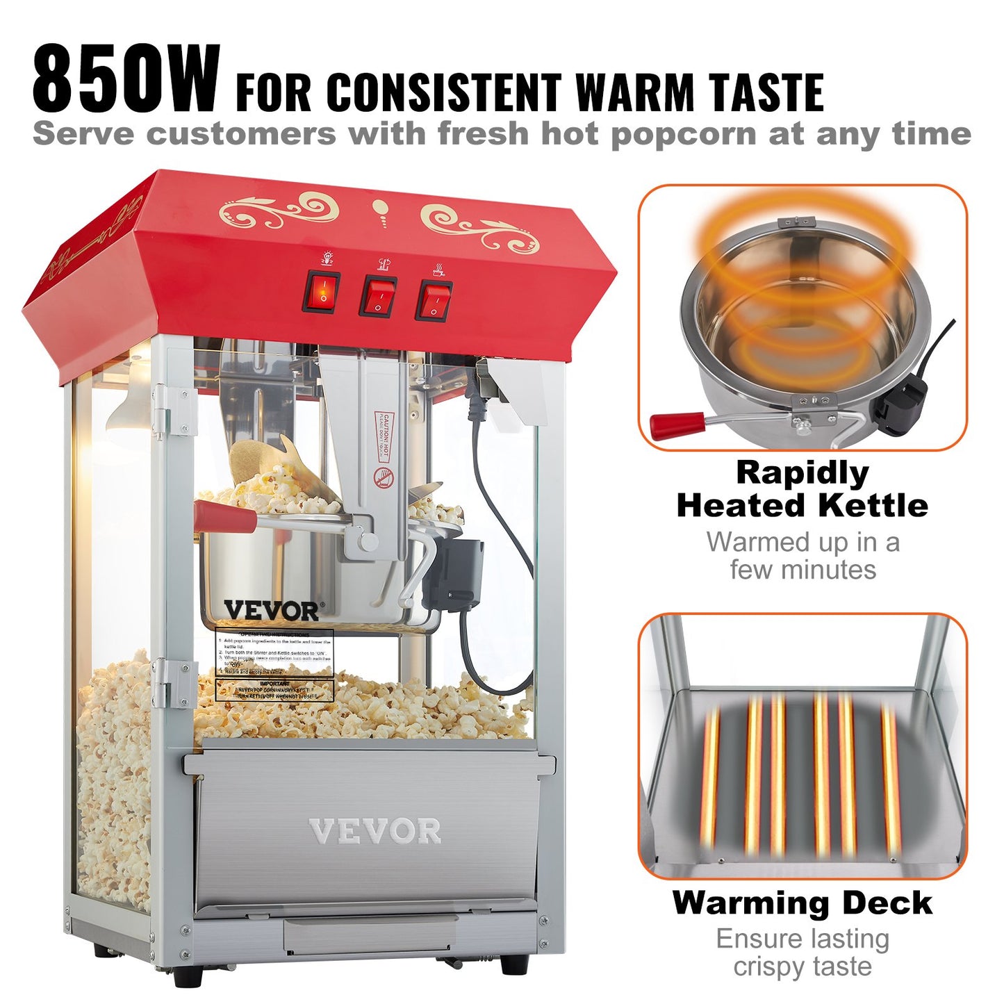 Countertop Popcorn Maker 8 Oz 850W Red Commercial Snack Machine
