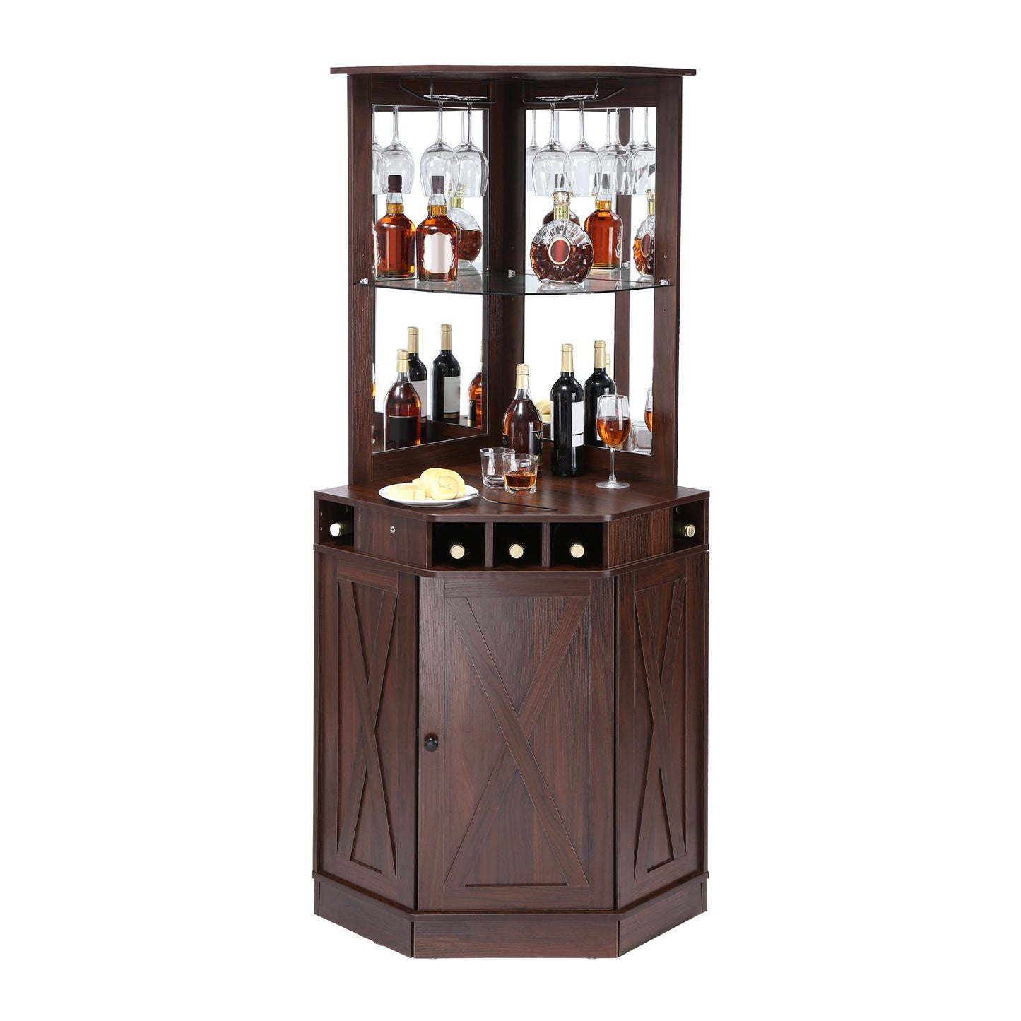 Corner Bar Cabinet with Wine Glass Holder - Black Walnut