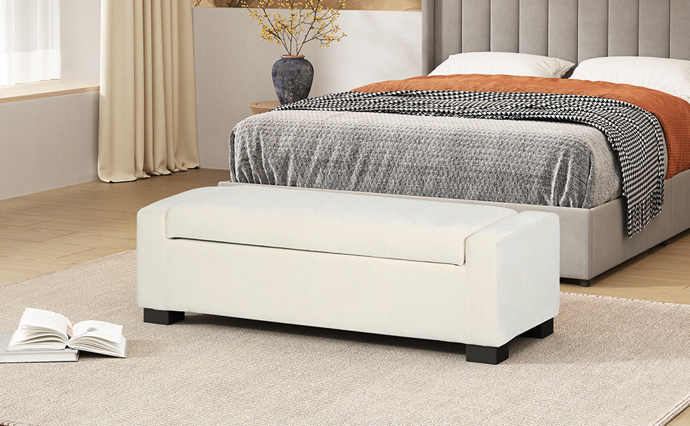 50-Inch White Storage Ottoman with Hinged Lid for Living Room & Bedroom