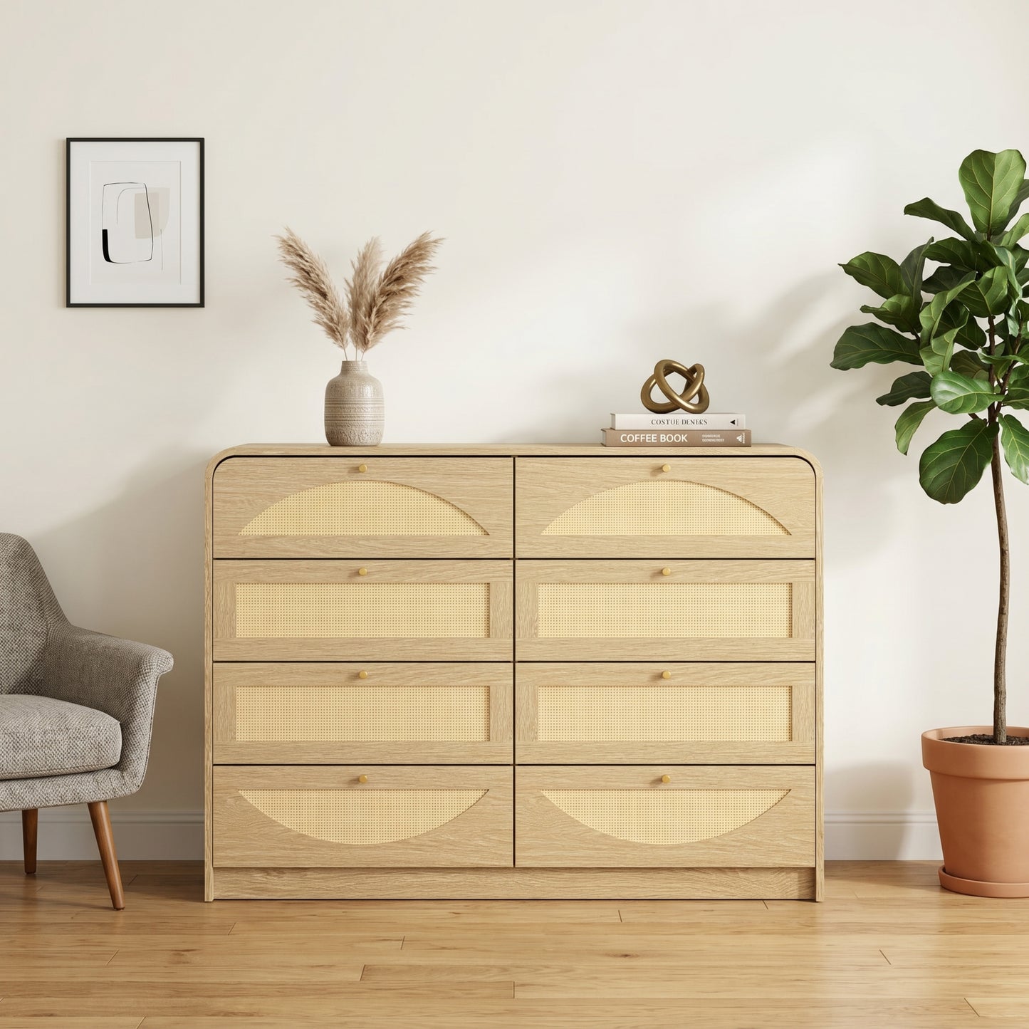 Natural 8-Drawer Dresser with Rattan Front - Wide Storage Cabinet