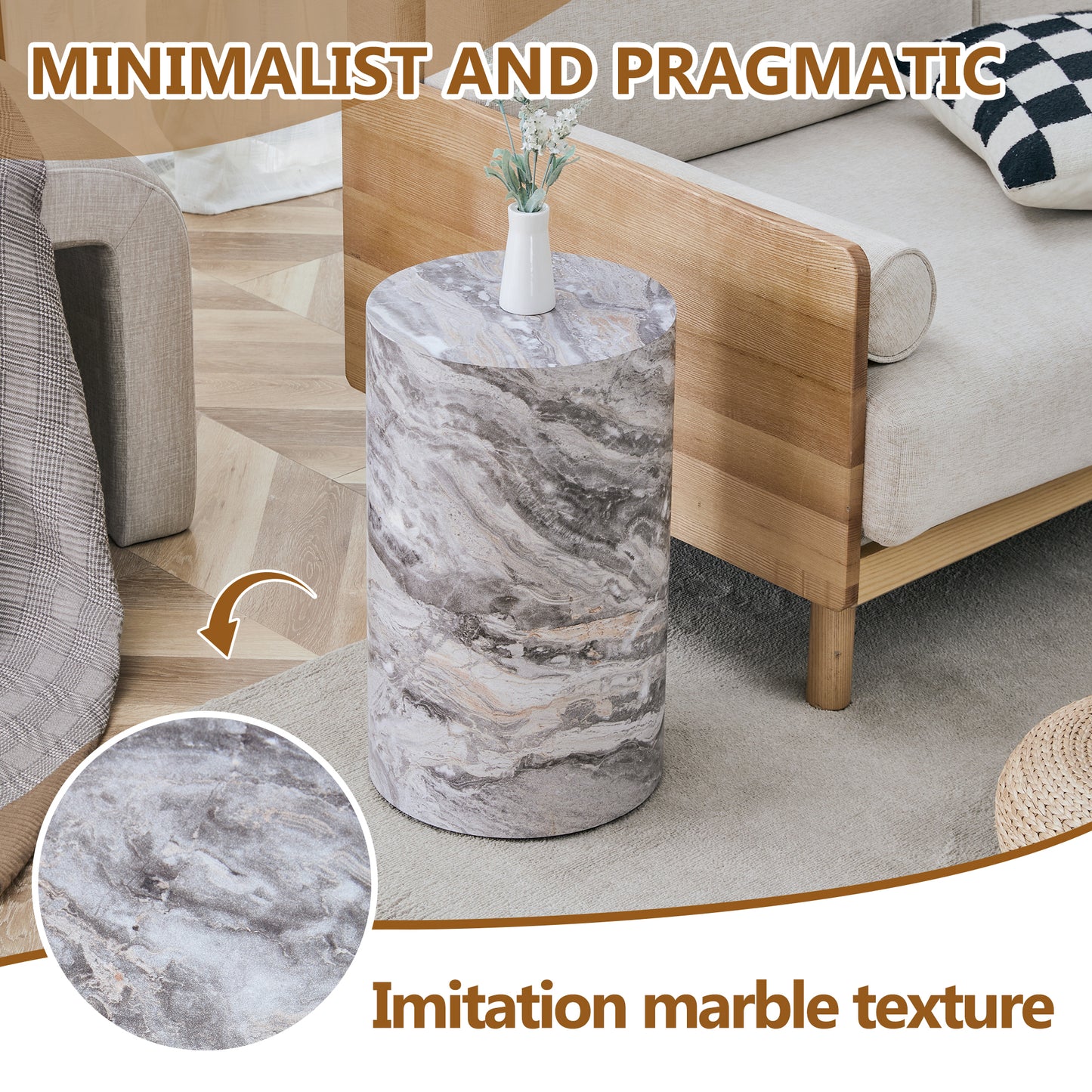 Simple Grey Marble Textured Cylindrical Coffee Table, 12-inch