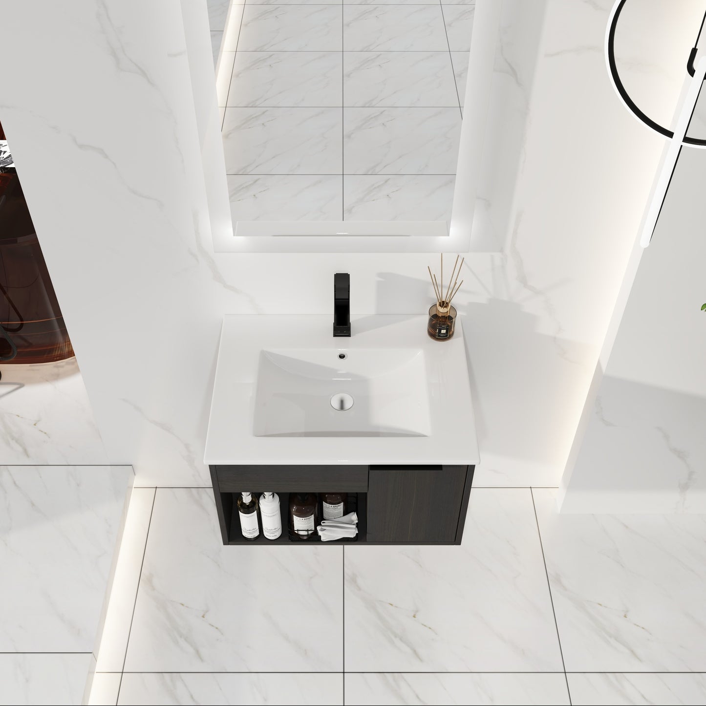 24" Wall-Mounted Bathroom Vanity with Ceramic Sink - Dark Oak