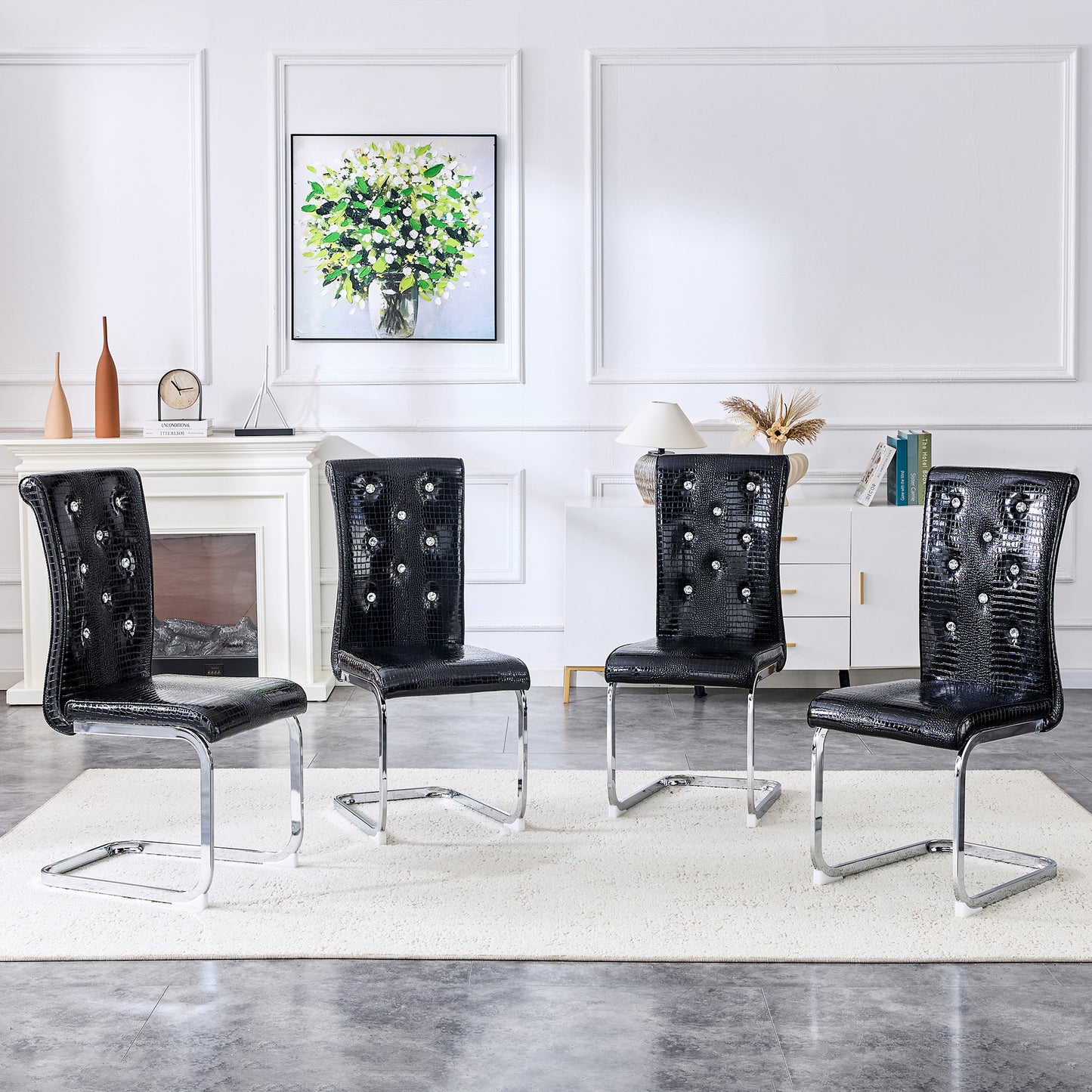 Set Of 4,Retro Alligator Skin Upholstered Dining Chairs,with Crystal