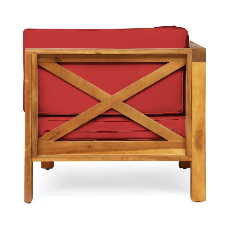 Outdoor Sectional Sofa Set - 3 Seater Acacia Wood with Red Cushions