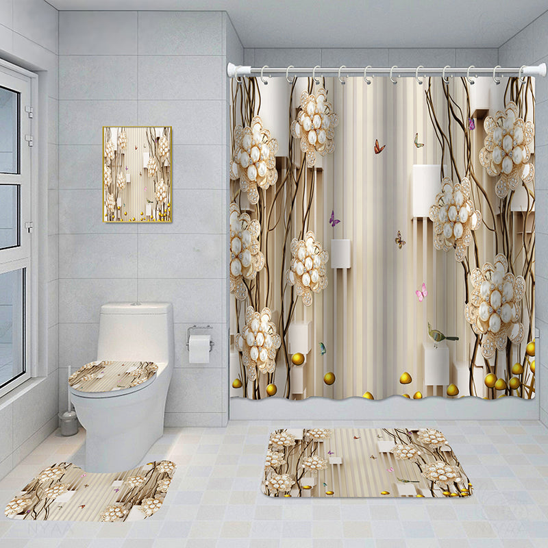 Bathroom 5-Piece Shower Curtain Set with Mat and Decorative Aluminum Frame