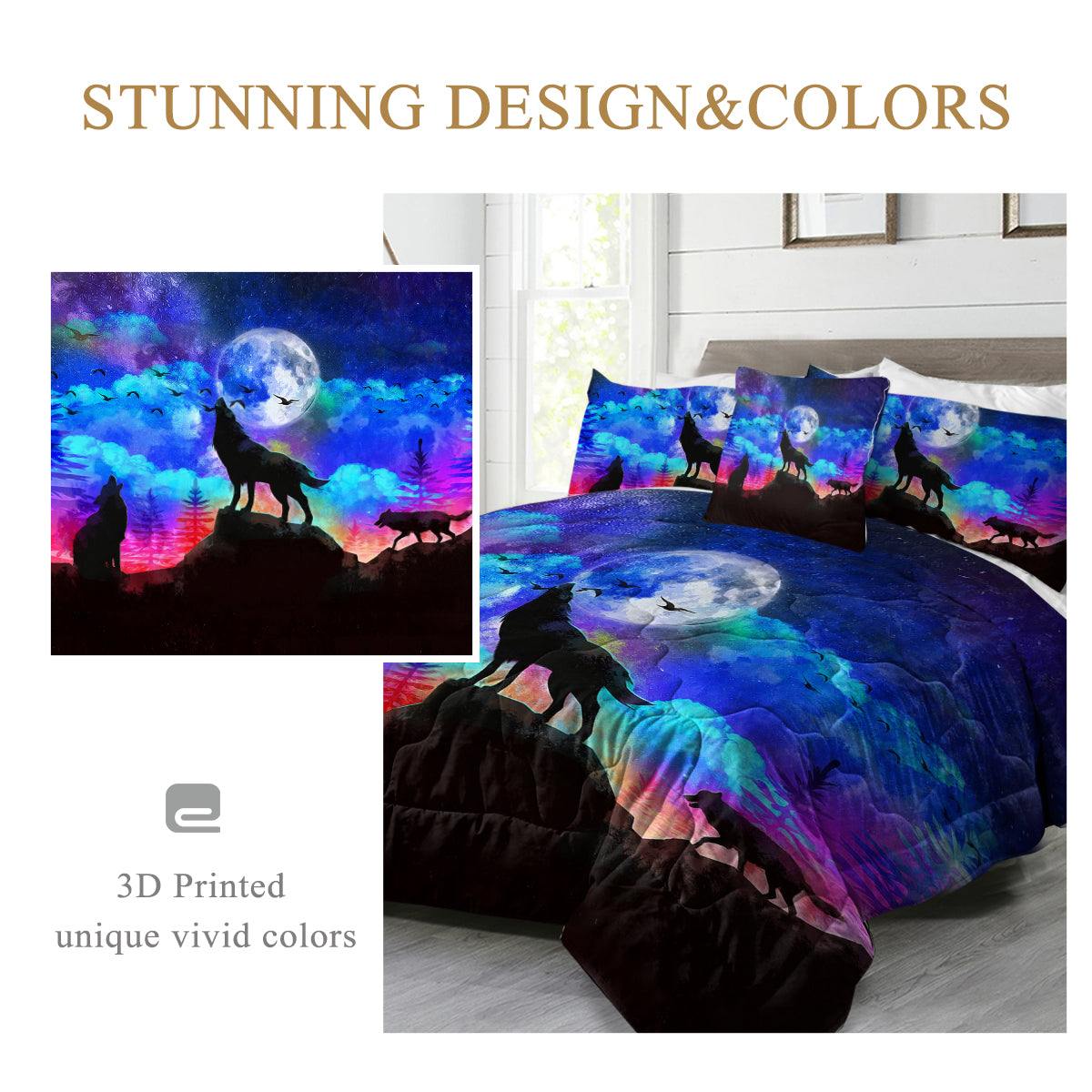 3D Wolf Comforter Set - 4 Piece Bedding Set in Purple & Blue