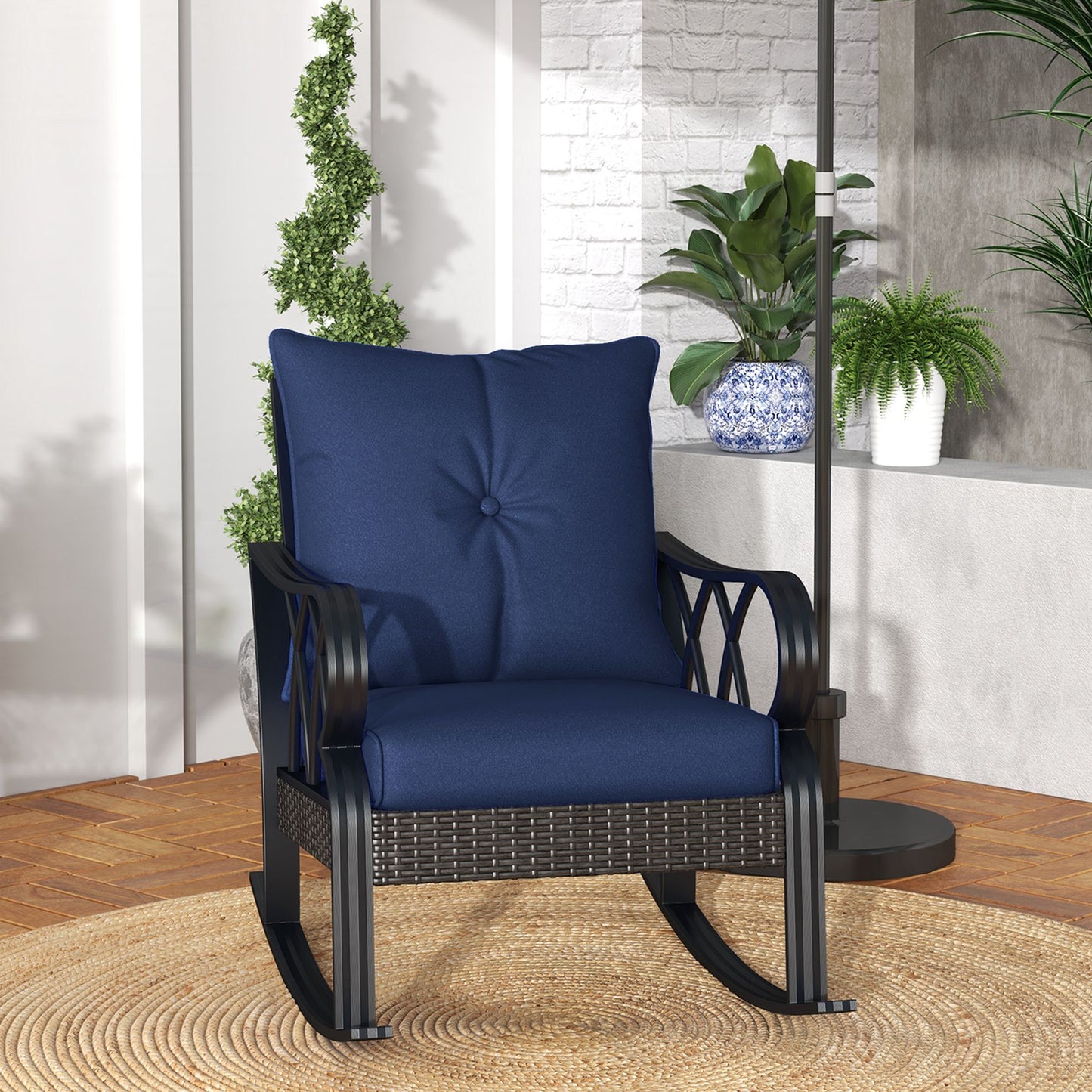 Navy Blue Outdoor Wicker Rocking Chair with Cushions