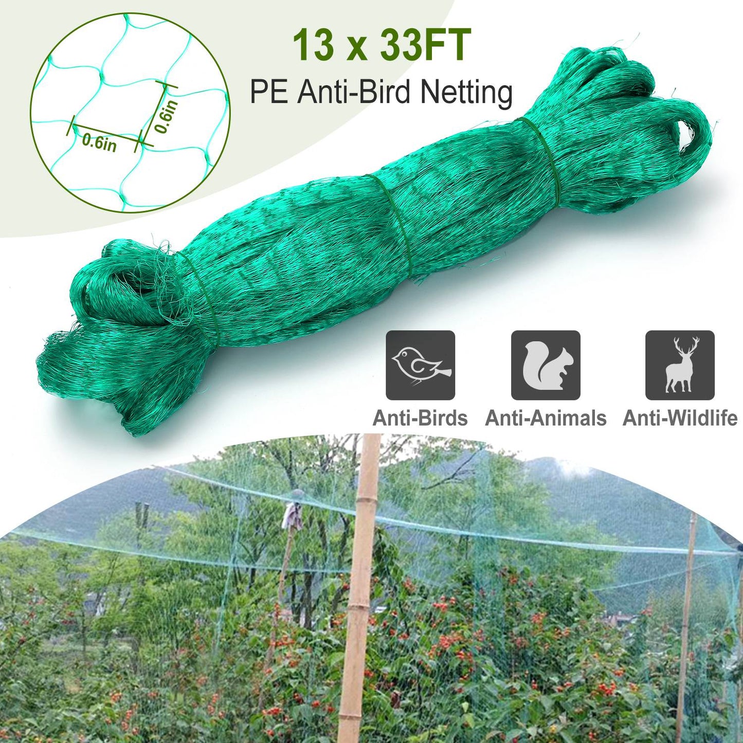 Heavy Duty Garden Netting 13x33ft Bird & Animal Protection Mesh for Plants