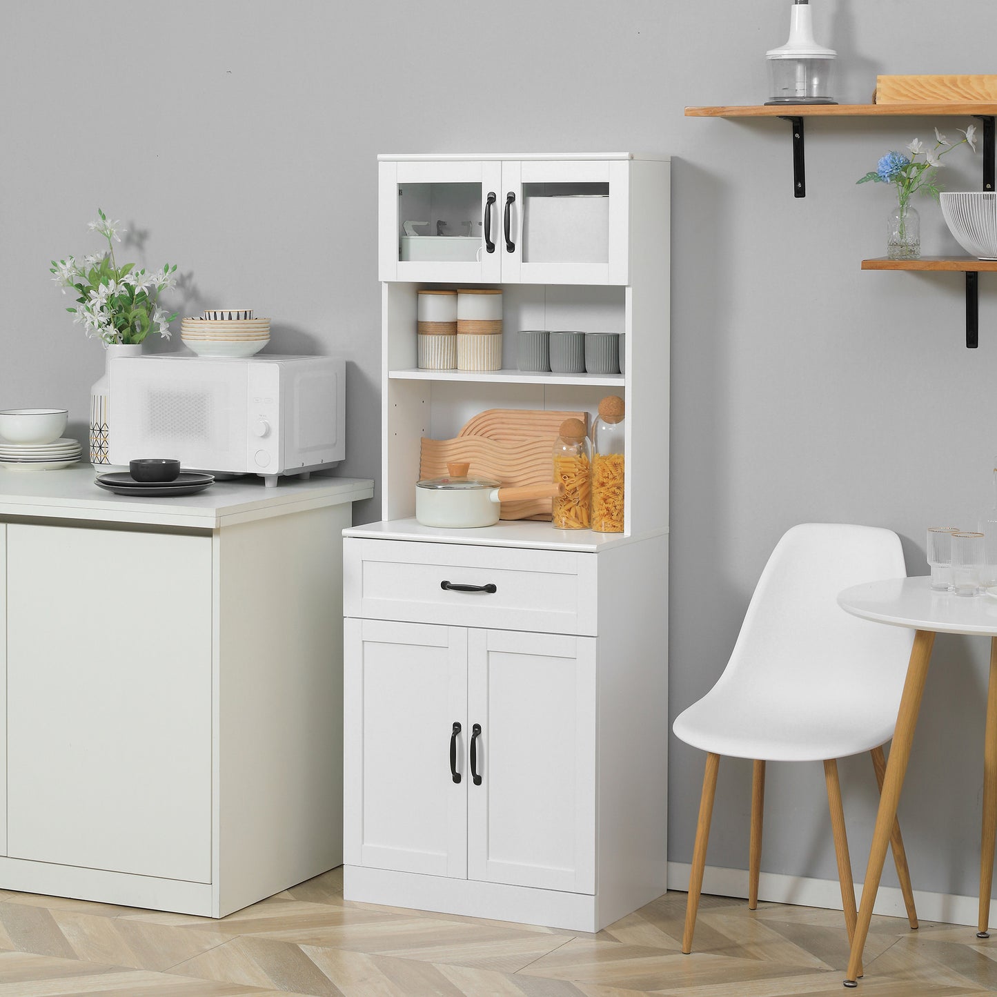 Freestanding Kitchen Pantry, 4-Door Buffet Cabinet with Hutch, Coffee