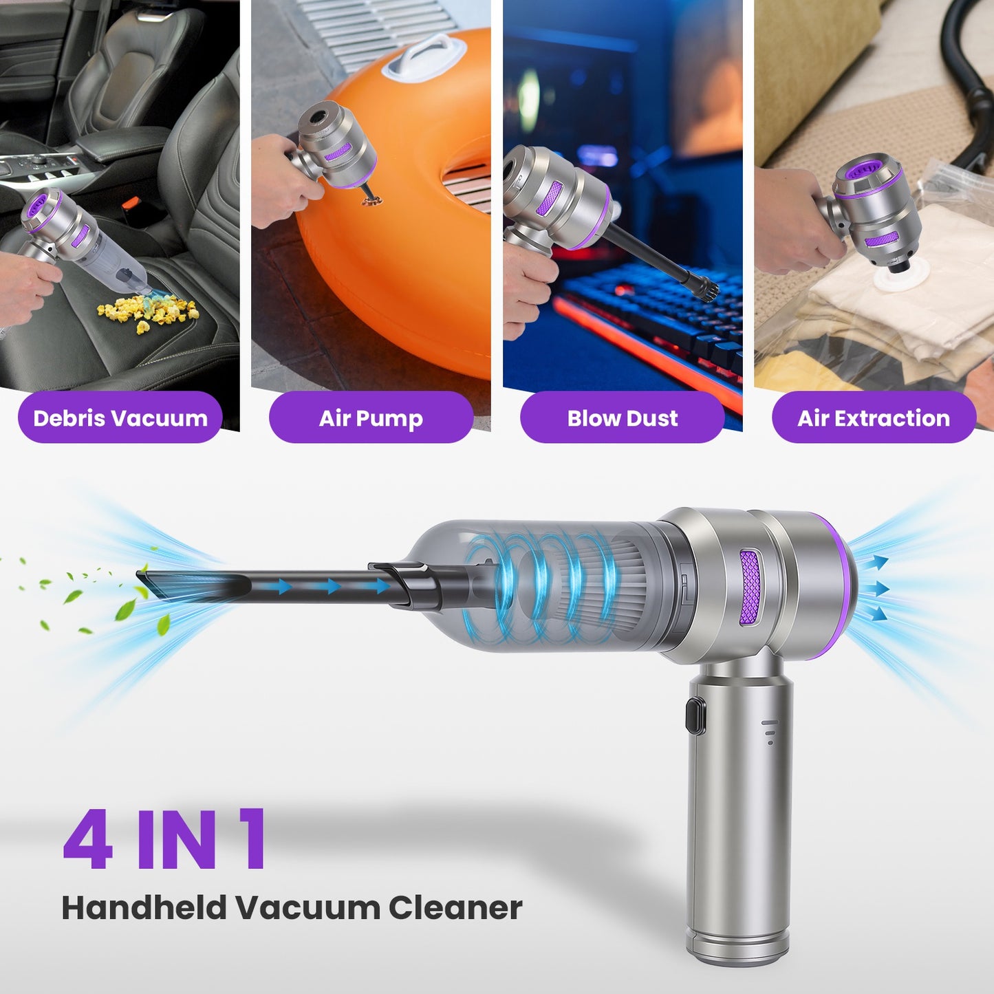 Portable Handheld Car Vacuum Cleaner 4-in-1 Cordless Air Duster & Blower