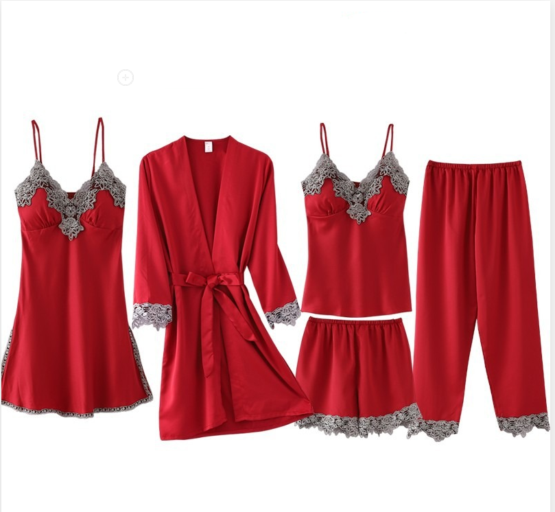 Thin Ice Silk Nightdress Pajama Set - 5-Piece Suit for Ladies