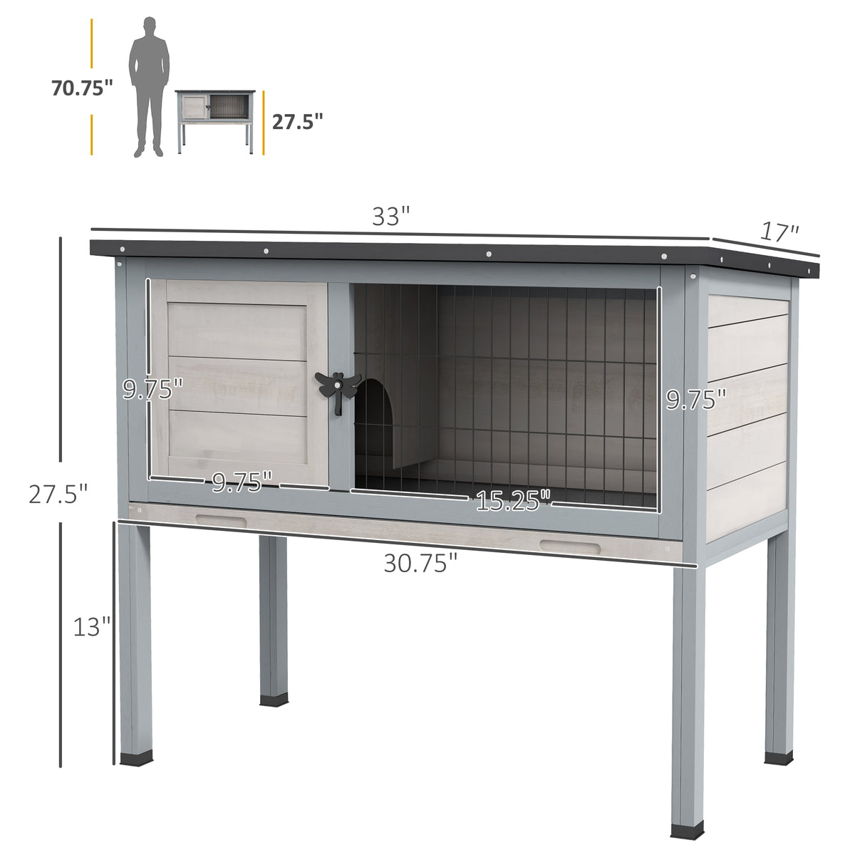 Wooden Rabbit Hutch with Asphalt Roof and Removable Tray - Indoor/Outdoor Gray