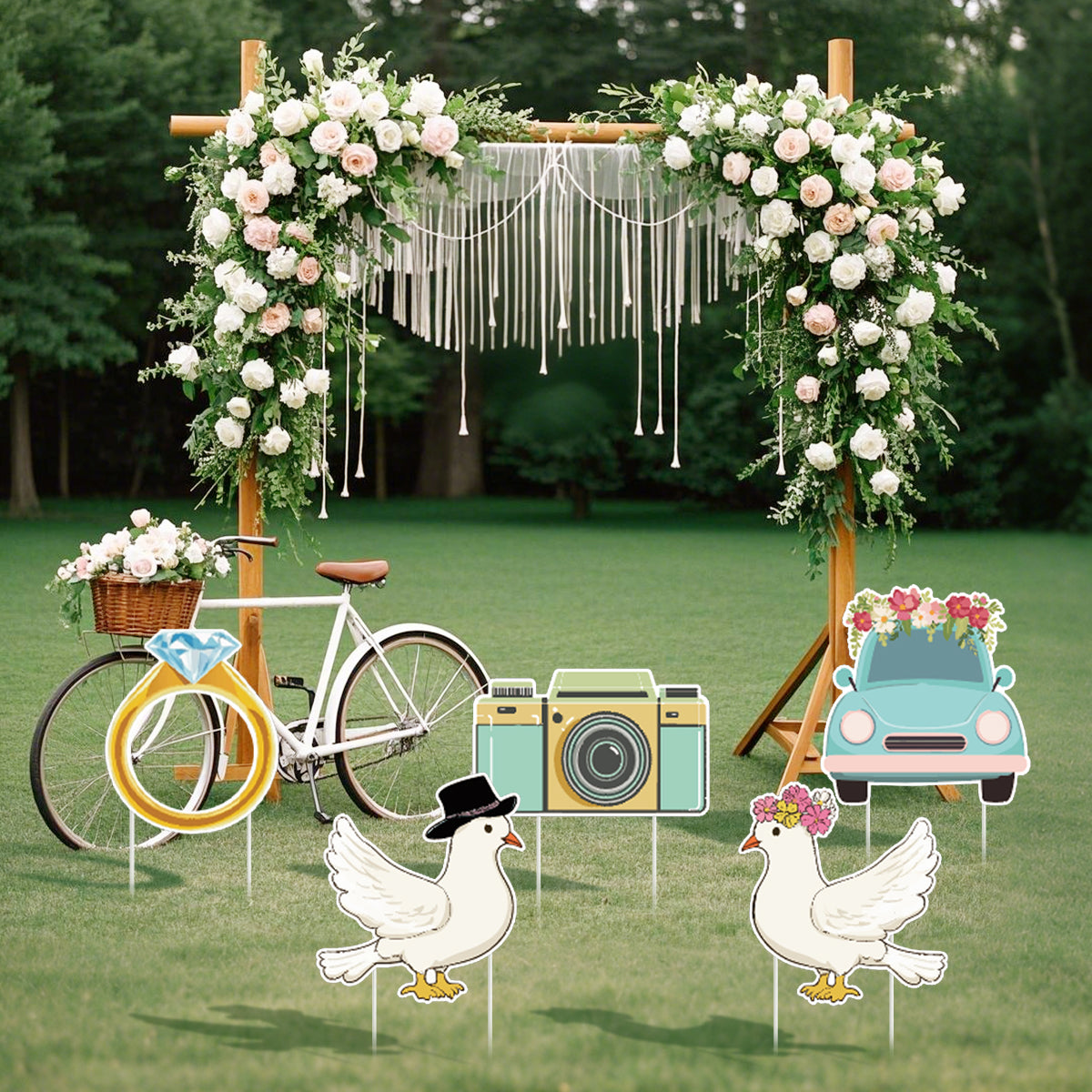 5-Piece Wedding Theme Yard Sign Set with Stakes - White