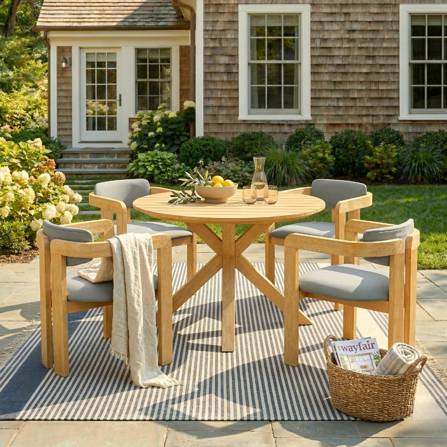 5 Piece Outdoor Acacia Wood Round Dining Set, Solid Patio Table With