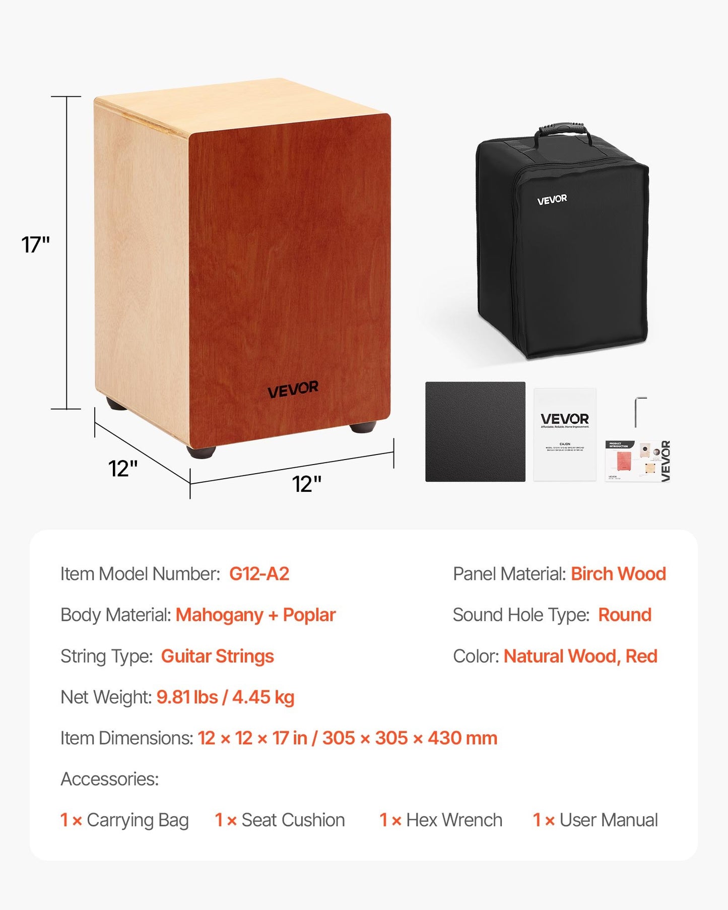 Birch Wood Cajon Box Drum with Adjustable Guitar Strings and Travel Bag