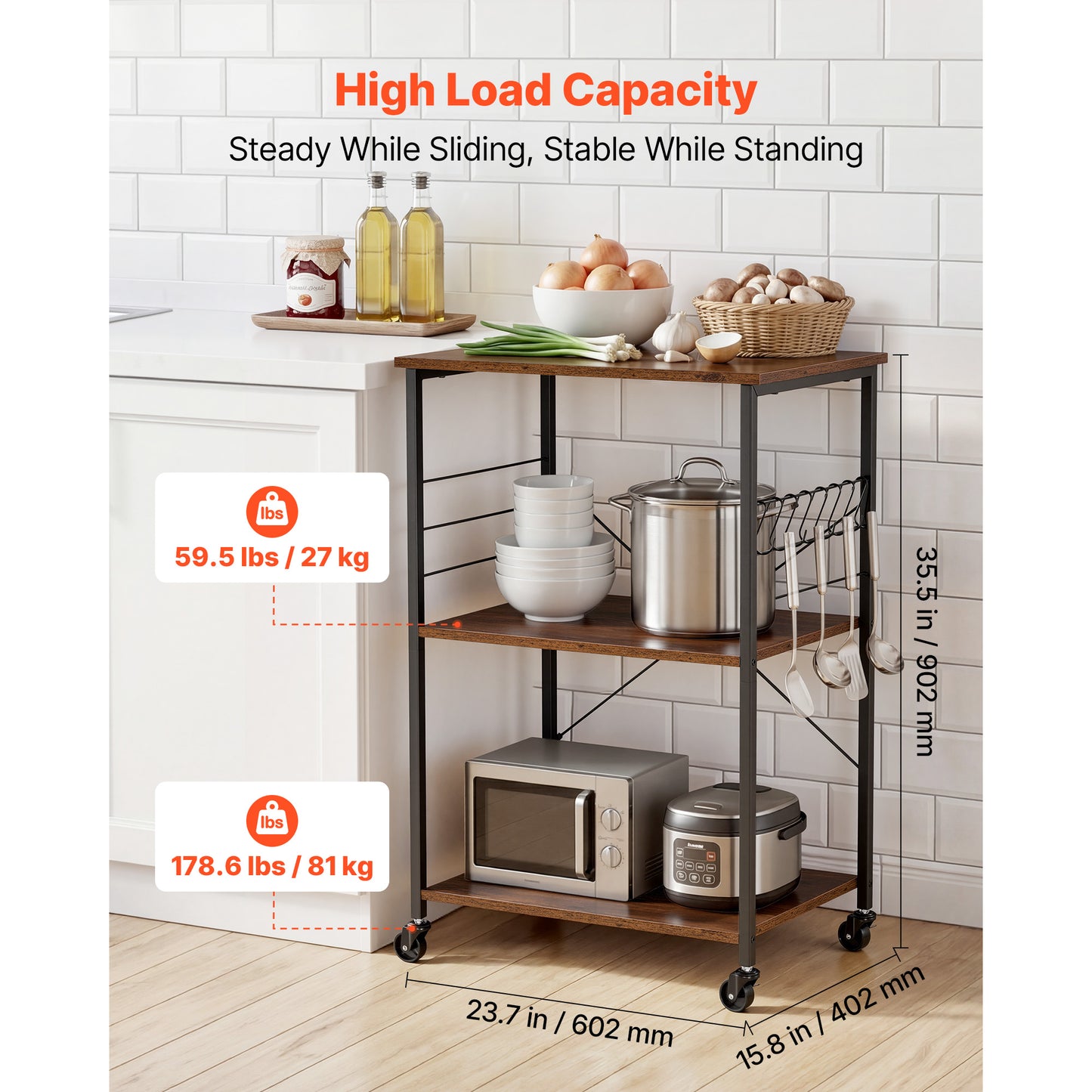 Heavy Duty Kitchen Utility Cart with 3 Tiers, Mobile Storage Trolley with Hooks