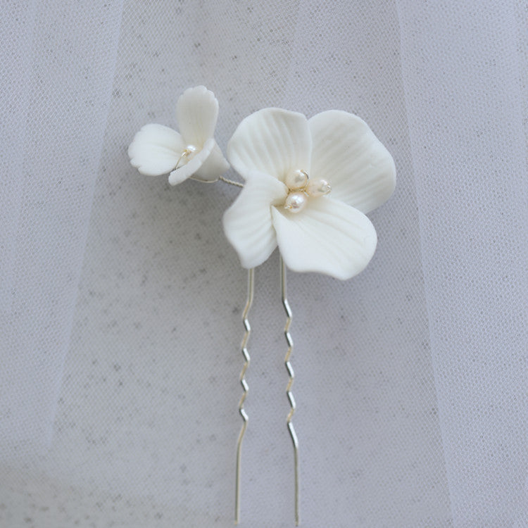 White Ceramic Flower Hair Fork - Handmade