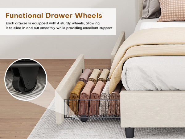 Bed Frame Upholstered Vertical Channel Headboard With 4 Storage