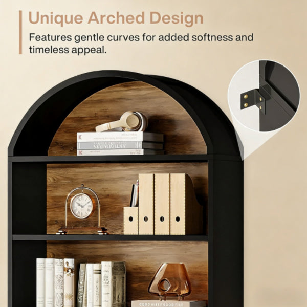Elegant Tall Bookshelf with Arch Design and Storage Drawers