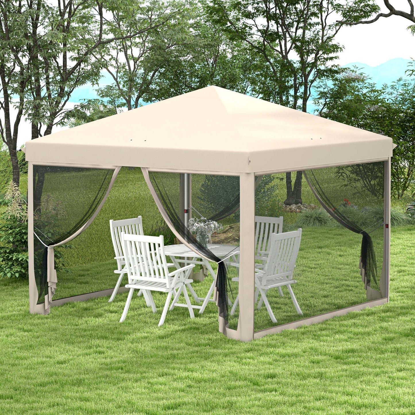 10x10 Pop Up Canopy Tent with Mesh Sidewalls - Beige