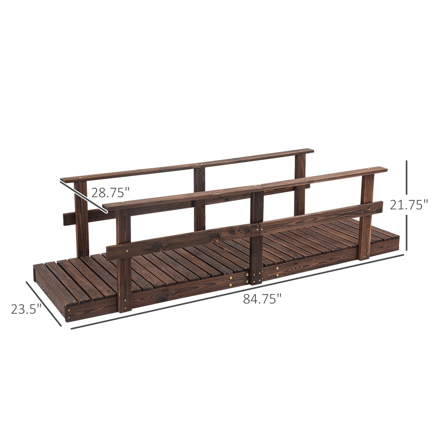 Wooden Garden Bridge with Safety Railings - Pine Stained Finish, 1160x700x125mm