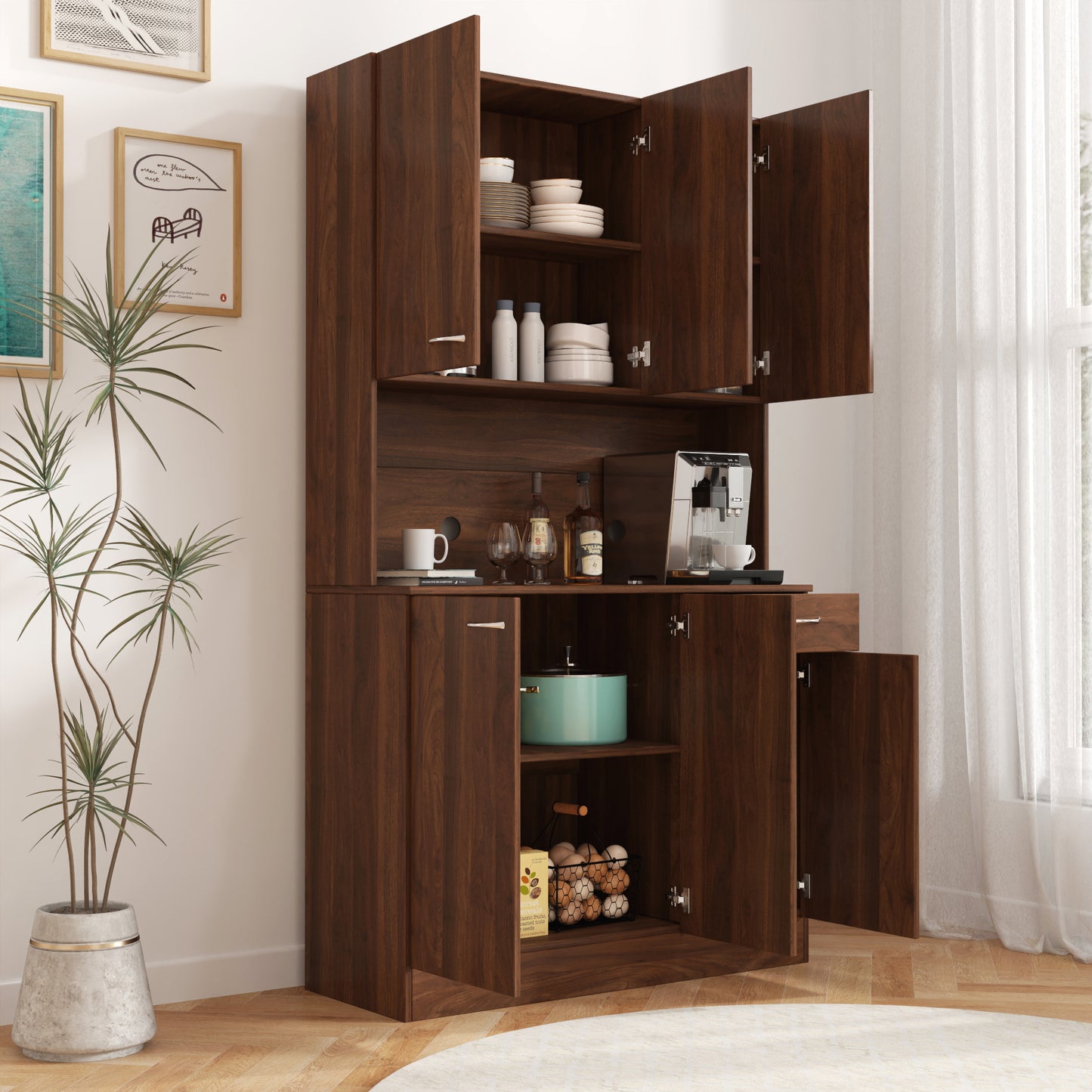 70.87" Tall Walnut Wardrobe & Kitchen Cabinet with 6 Doors, 1 Drawer & Open Shelf