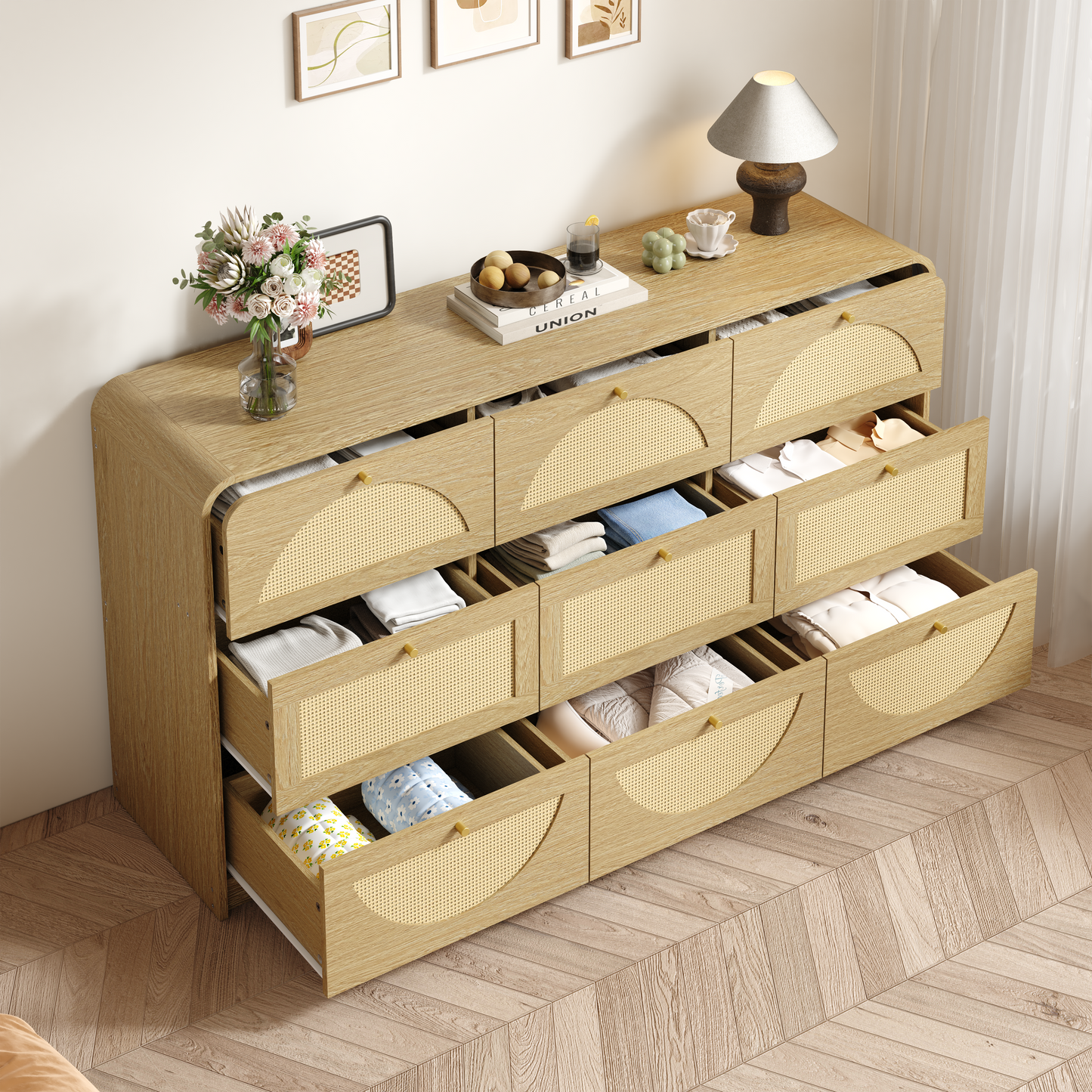 9-Drawer Rattan Dresser - Modern Walnut Storage Cabinet