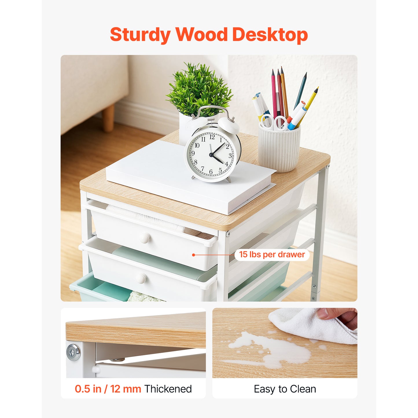 Rolling Storage Cart with 8 Drawers and Wood Top - Mobile Utility Organizer, Green Blue
