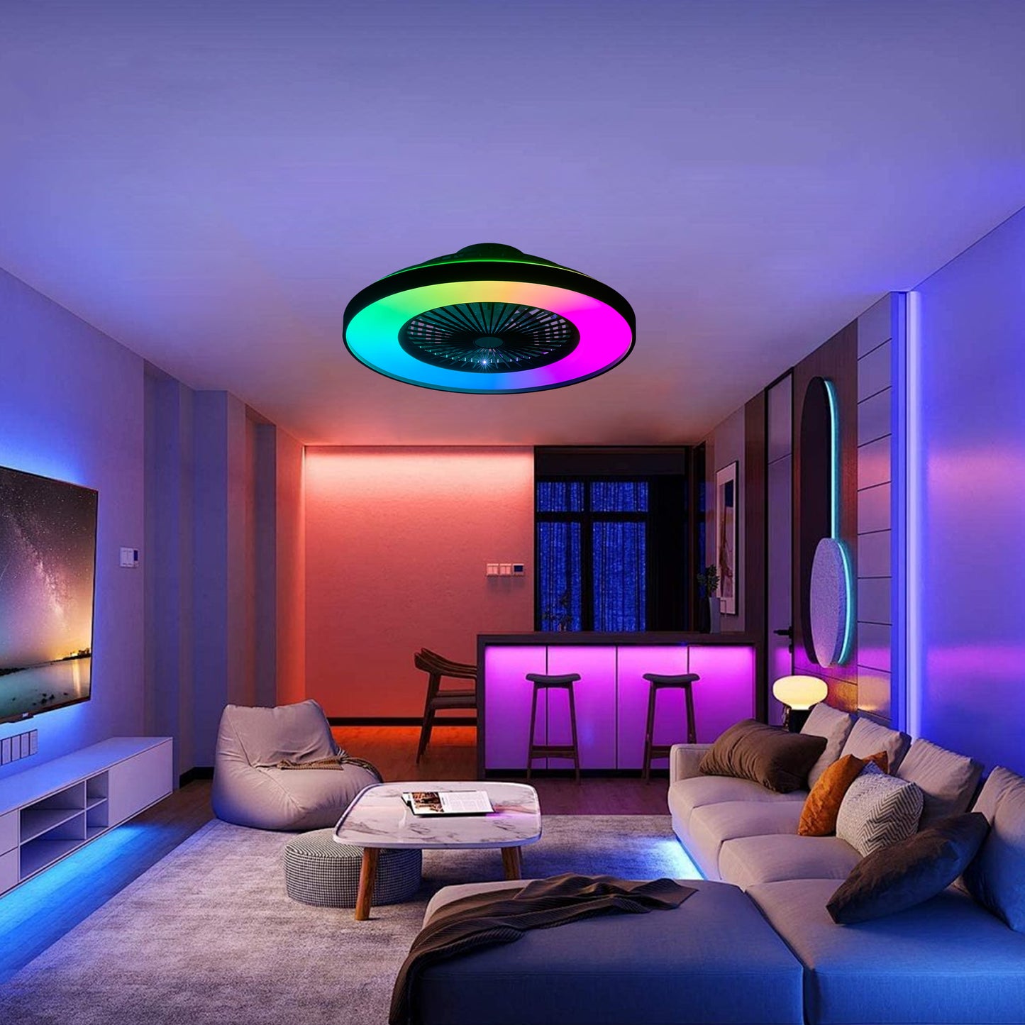 23-Inch Black Ceiling Fan Light with RGB LED & Remote Control