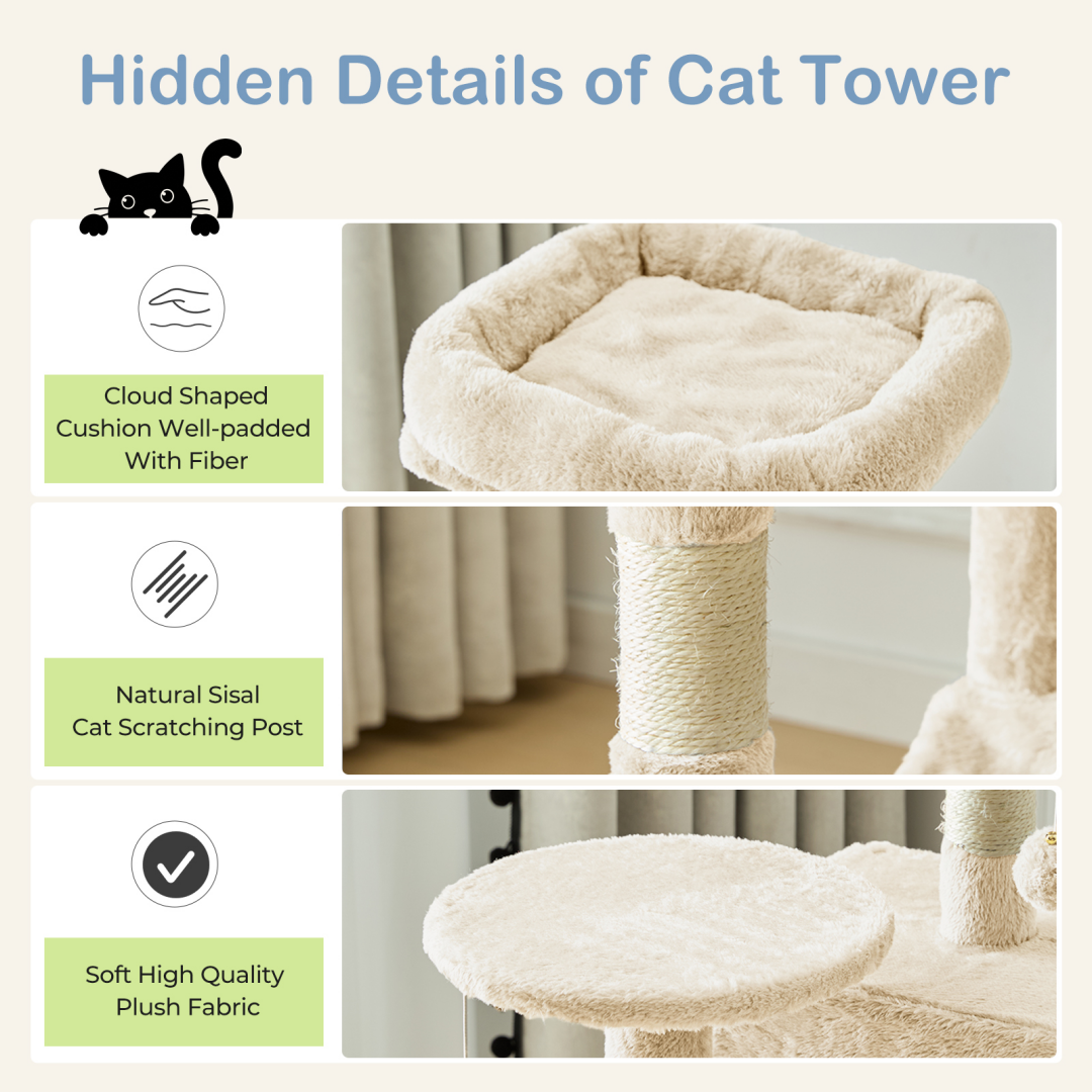 44-Inch Multi-Level Cat Tree Tower with Scratching Posts, Platforms & Hammock