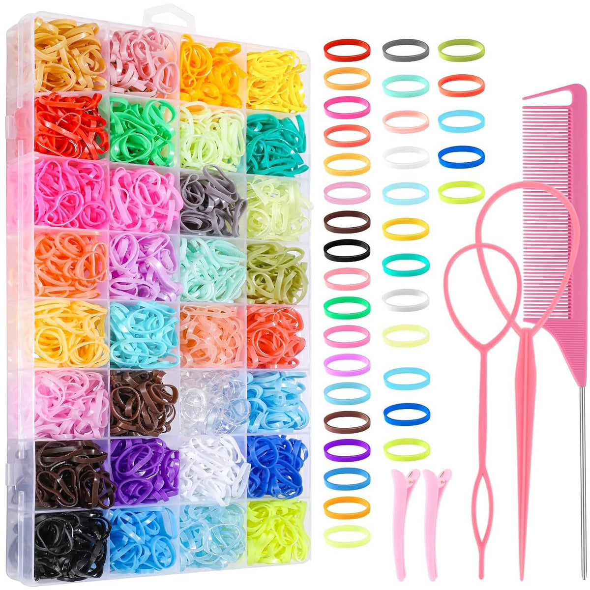 Colorful Hair Elastics Set with Styling Tools for Kids & Teens - 2000 Pcs