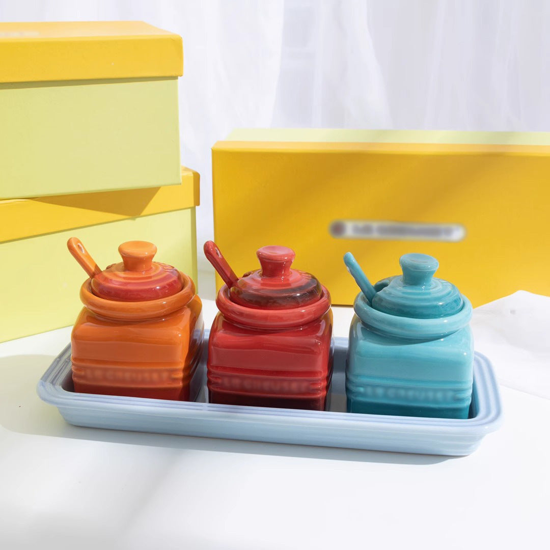 Ceramic Seasoning Jar Set with Spoon - Gift Box Condiment Bottles, Color Options