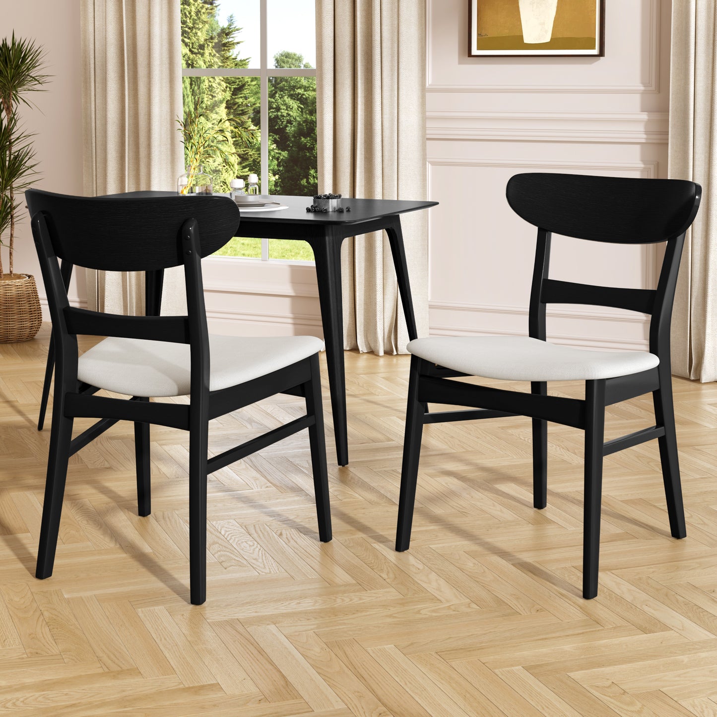 Set of 2 Upholstered Dining Chairs - Rubberwood Legs, Black & Light Beige