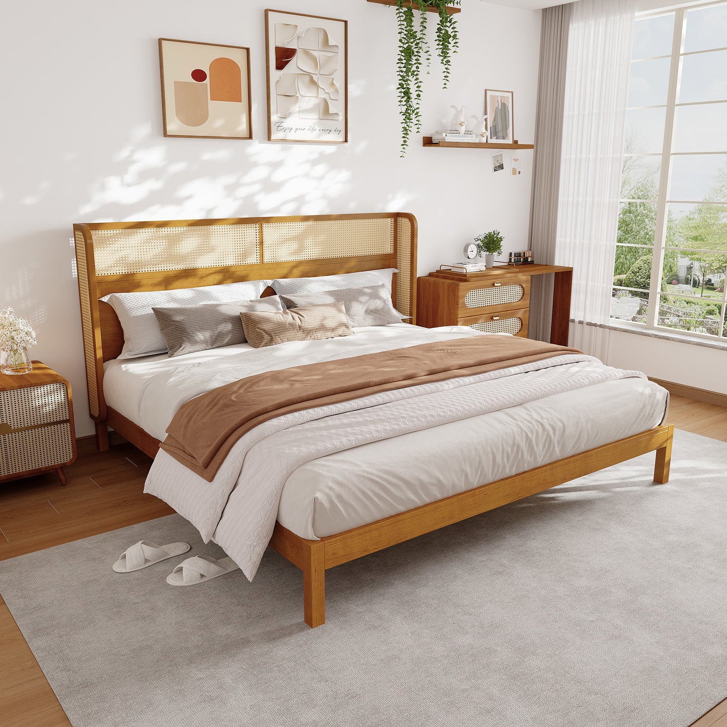 King Platform Bed Frame with Headboard - Natural Rubber Wood