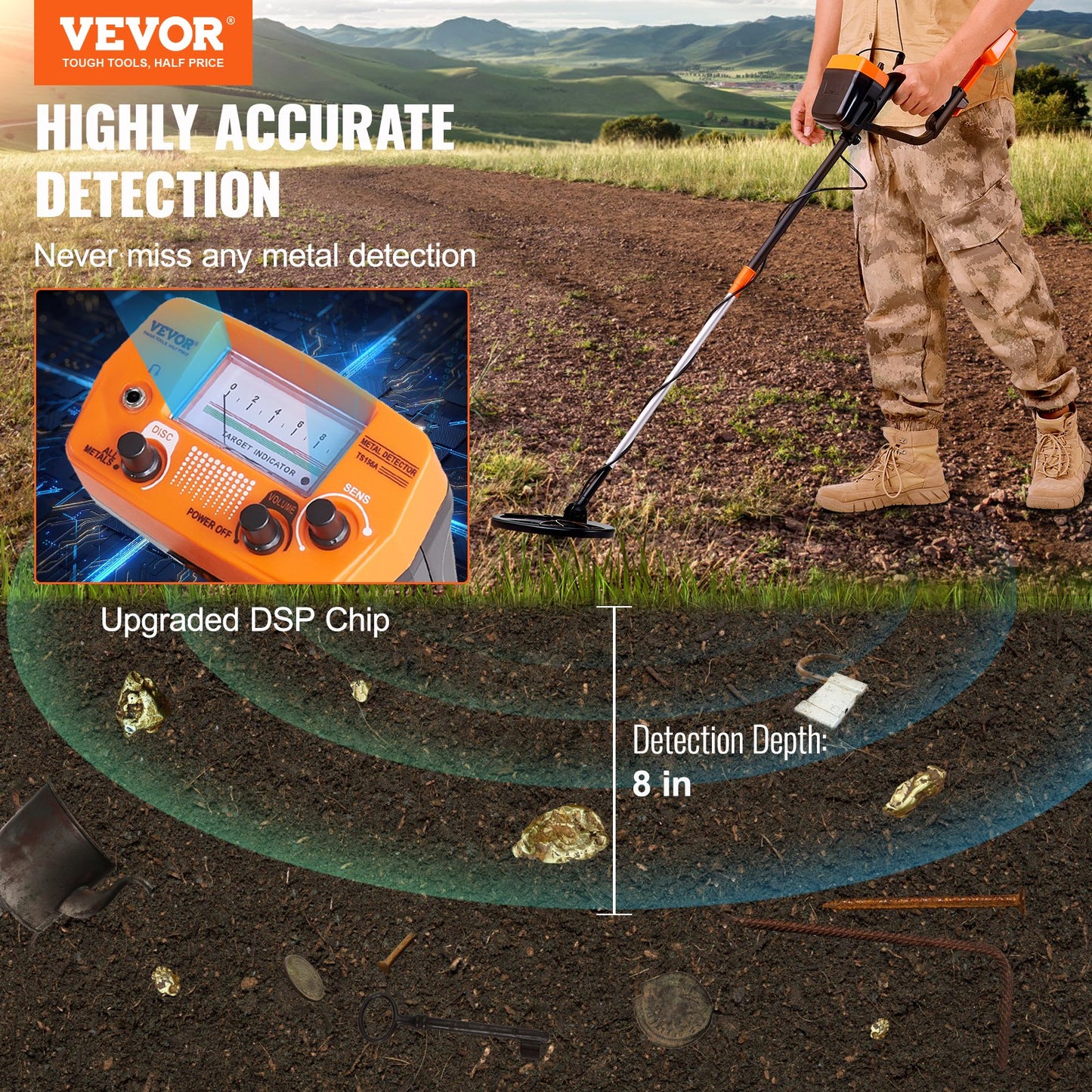 Waterproof Metal Detector for Adults & Kids - 8 Inch Search Coil, Adjustable Gold Treasure Finder, Lightweight Aluminum Stem, Multicolor