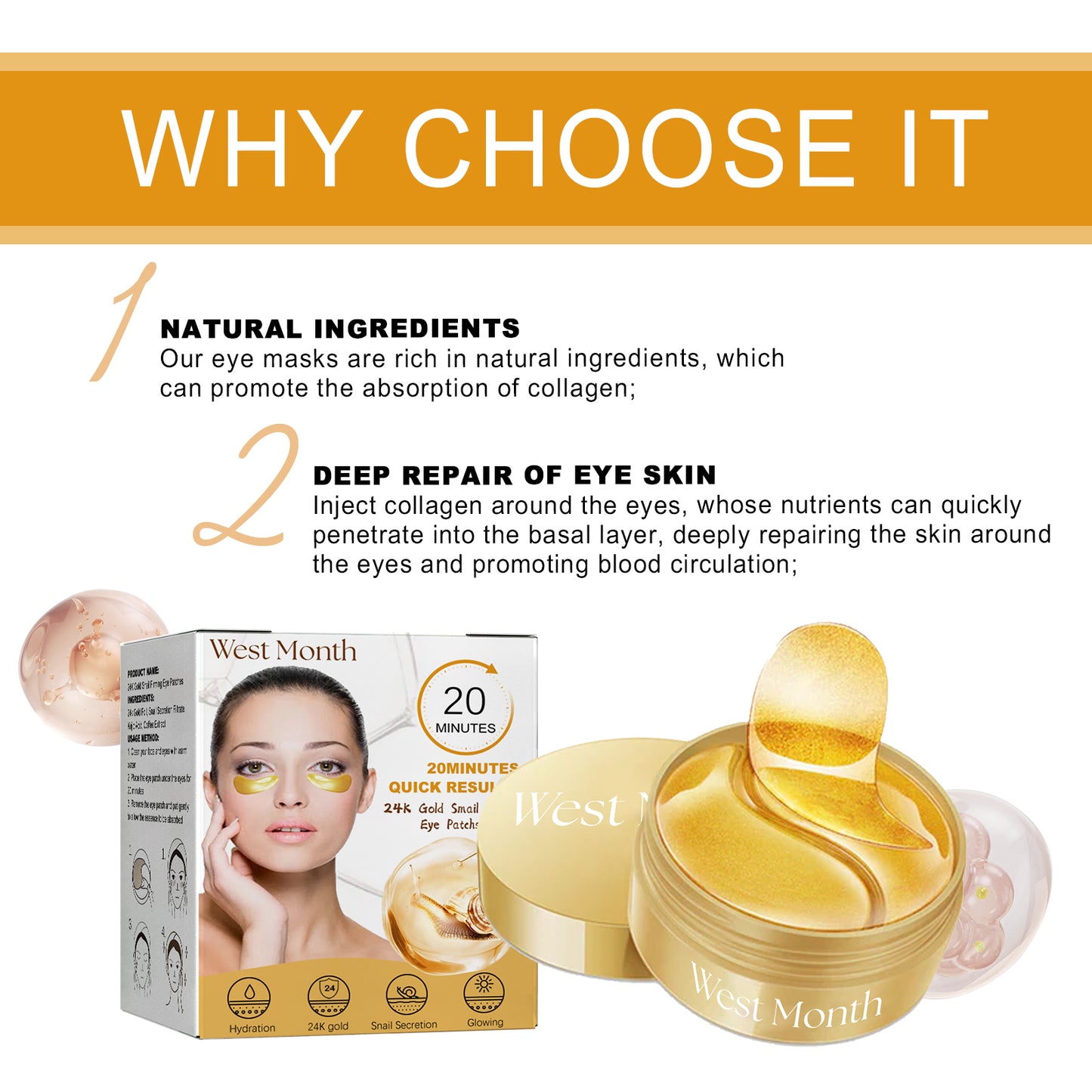 Gold Snail Collagen Eye Patches - 60pcs Hydrating Anti-Aging Treatment