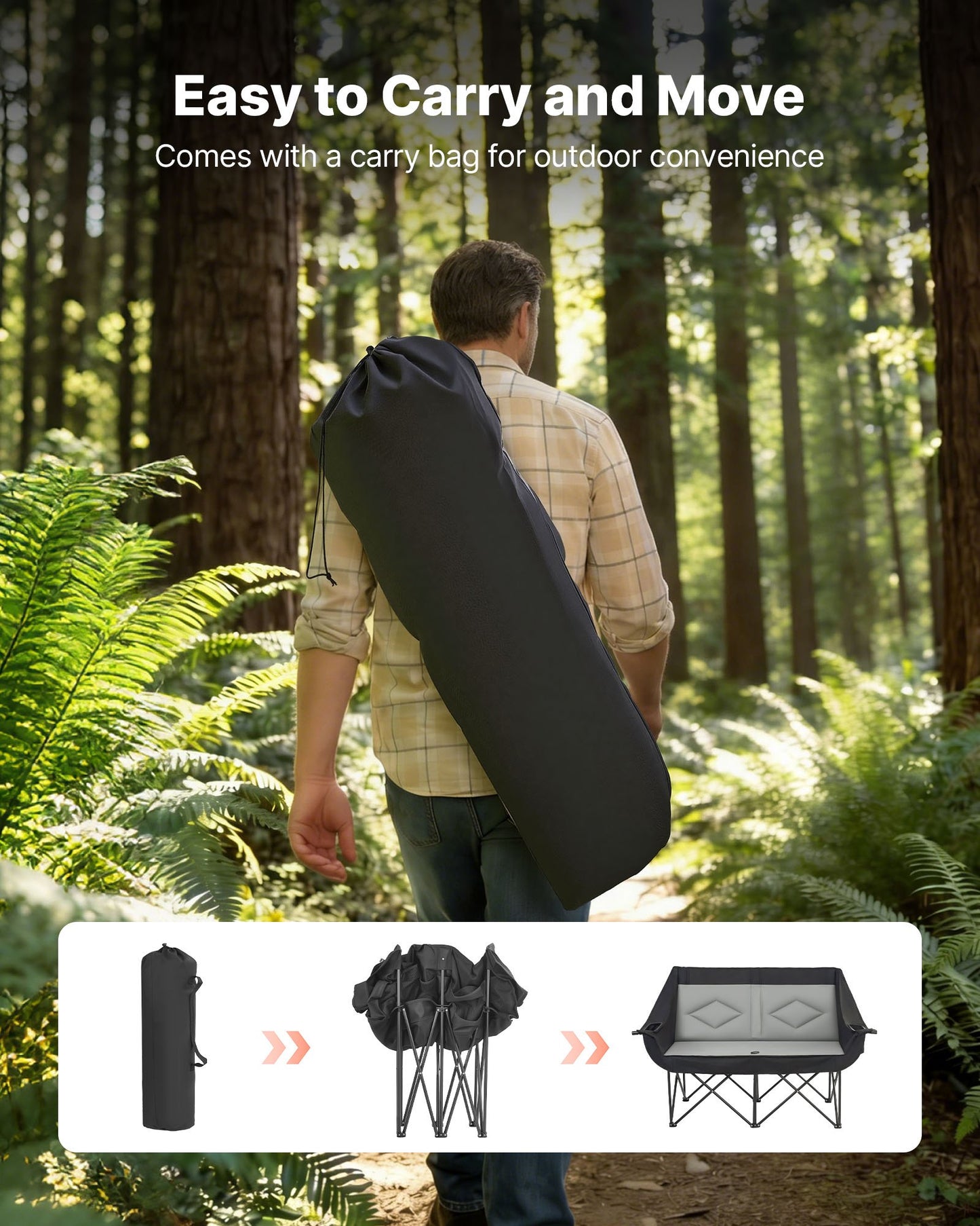 Double Camping Chair with Heavy Duty Support, Cup & Wine Holders, Portable for Outdoor & Beach