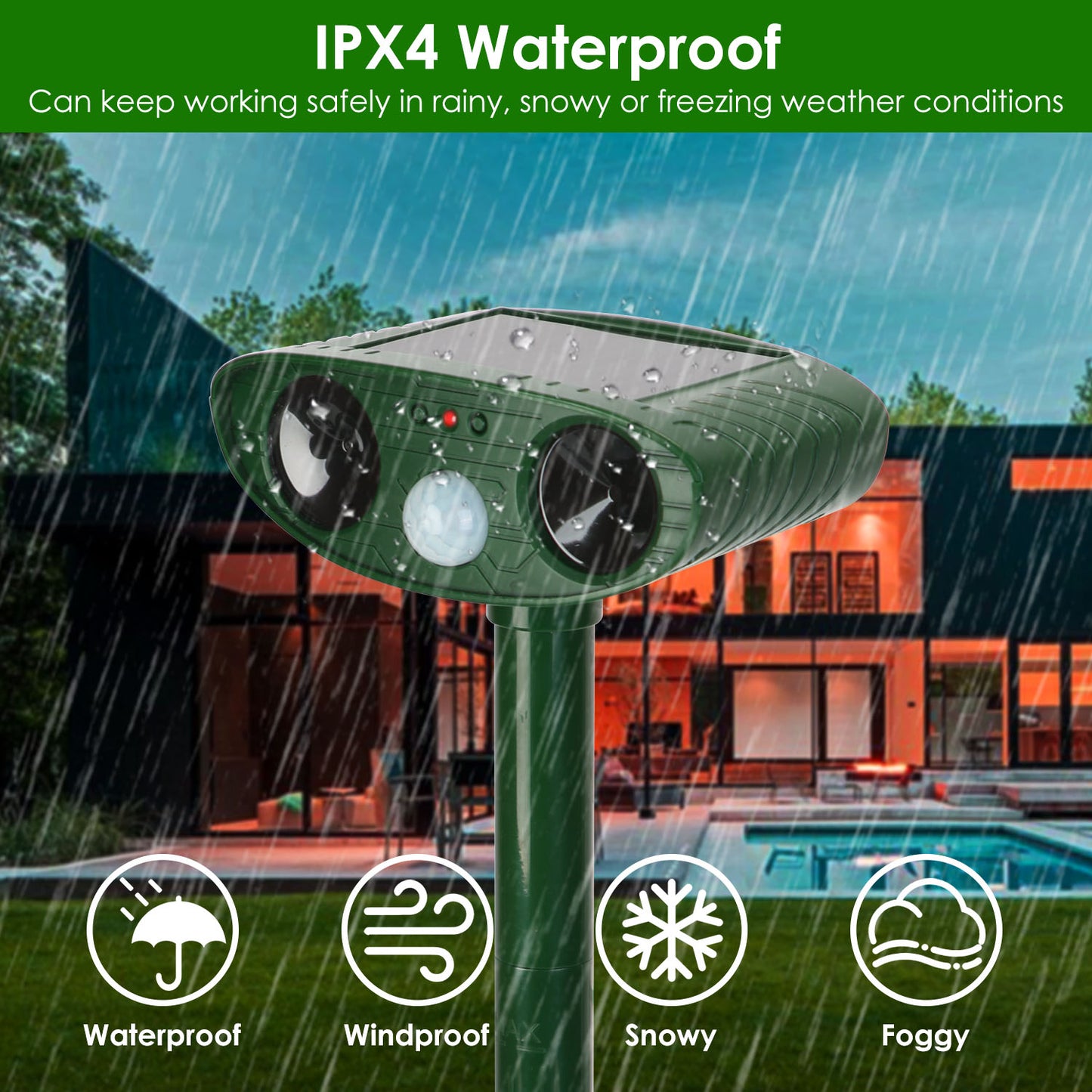 Solar Ultrasonic Animal Repeller with PIR Motion Sensor - Waterproof