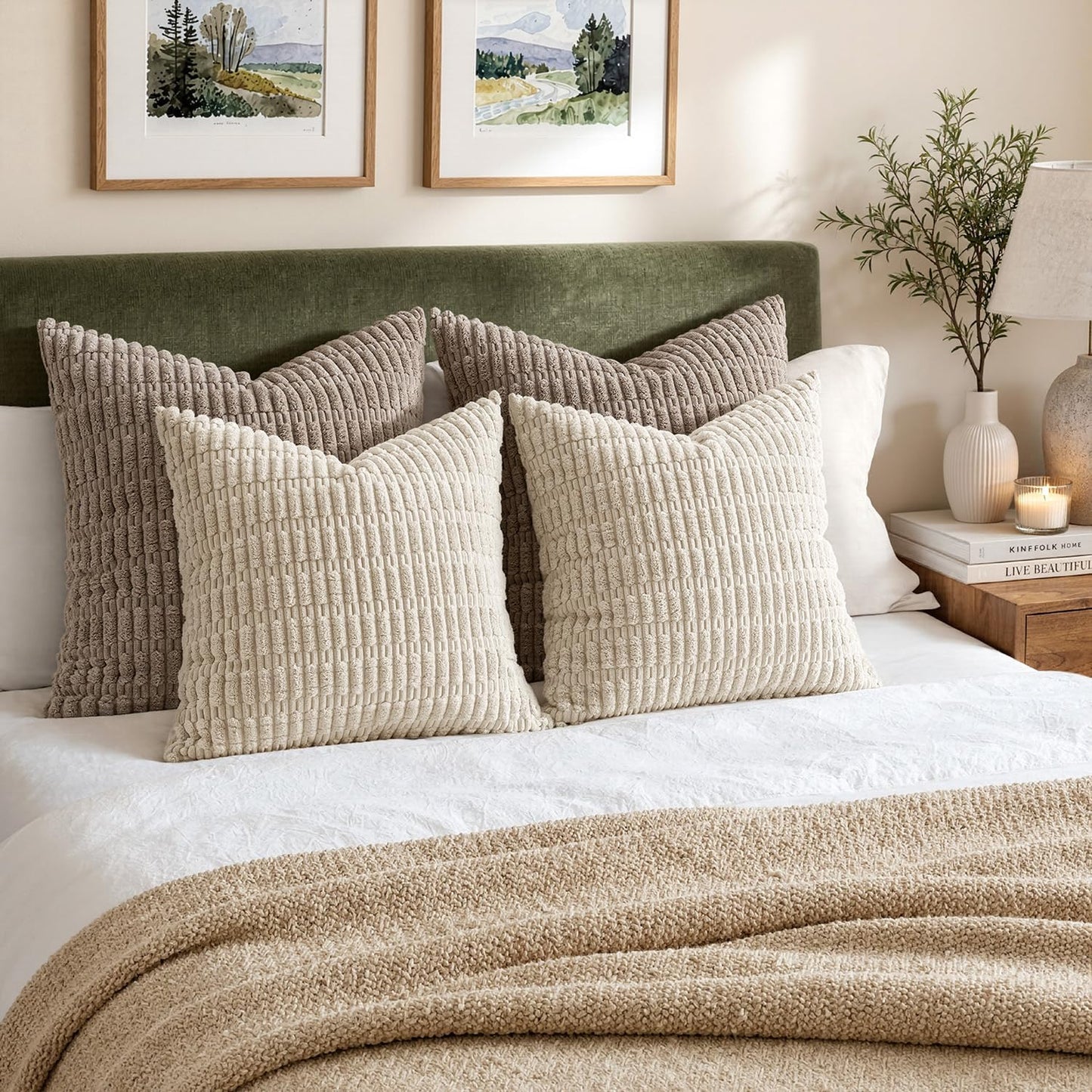 Set of 2 Soft Corduroy Pillow Covers 18x18 Inch - Cream White