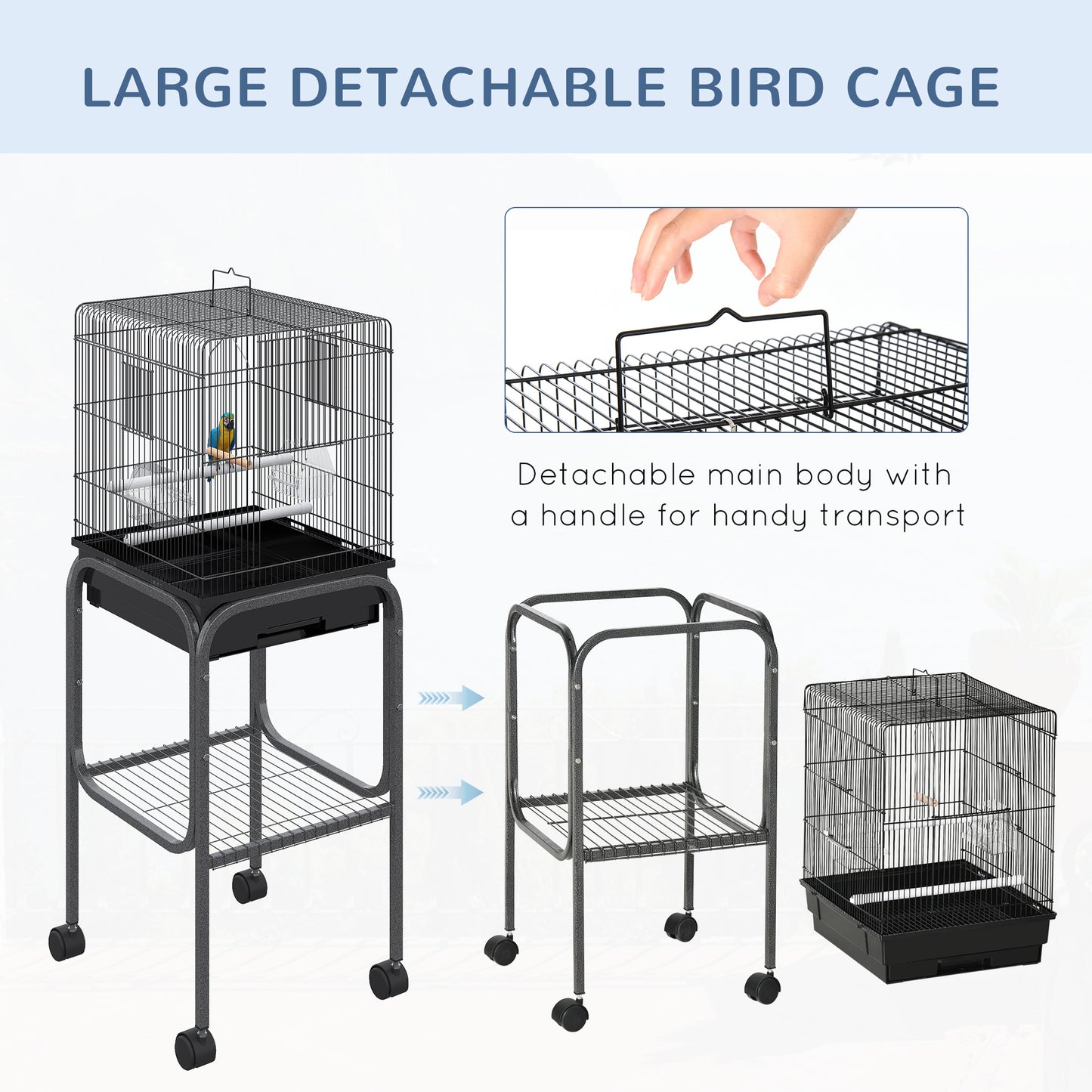 45-Inch Metal Bird Cage with Wheels & Storage Basket, Black Parrot Aviary